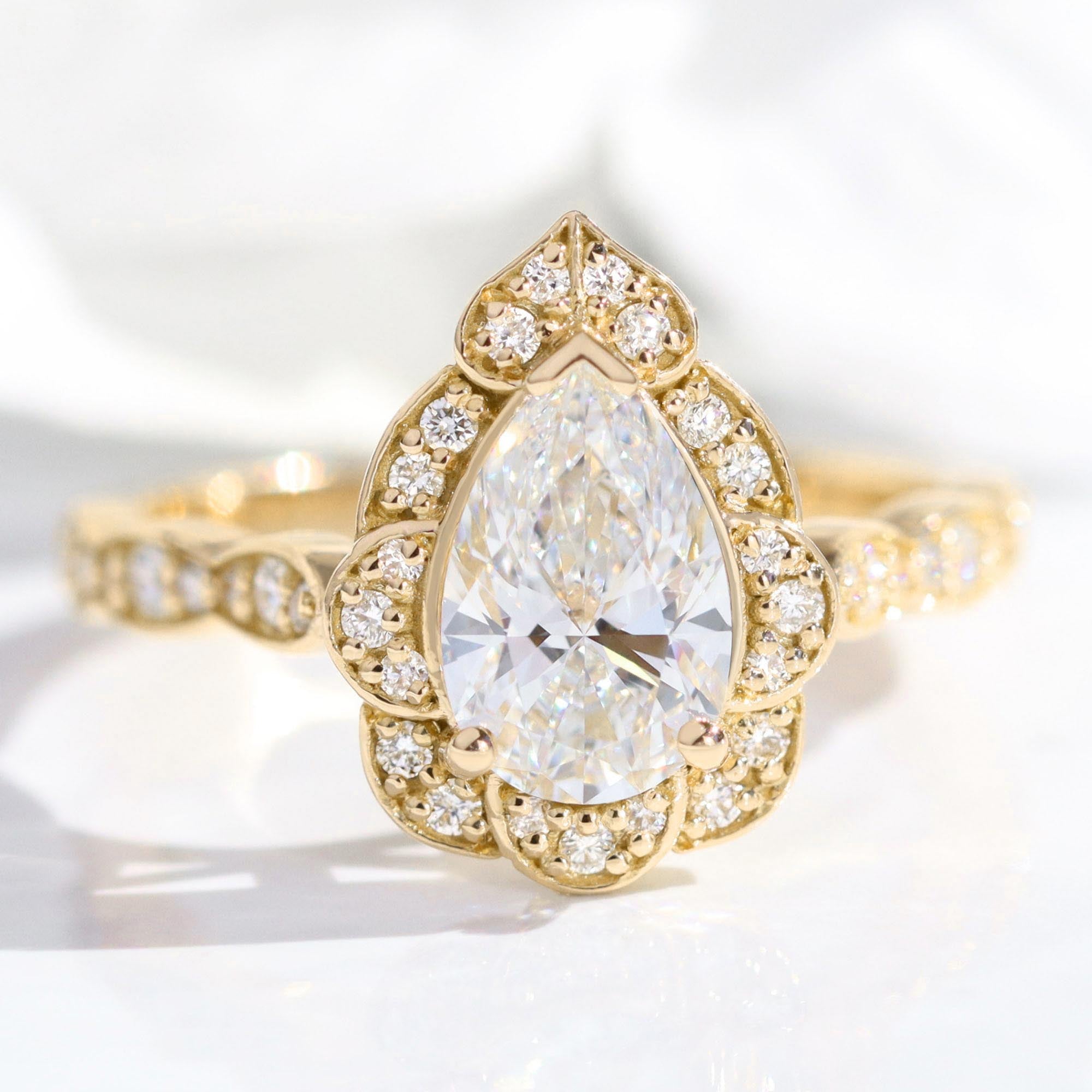 lab diamond ring yellow gold vintage halo pear diamond engagement ring La More Design Jewelry