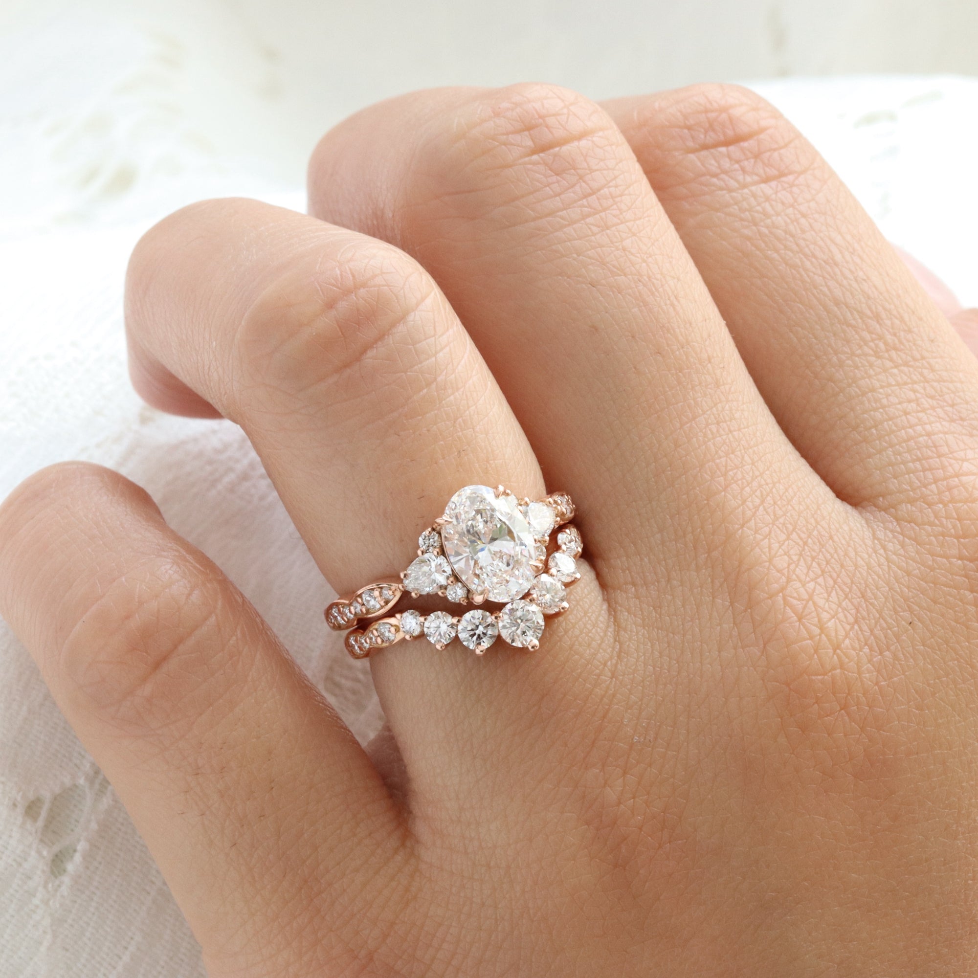 large oval lab diamond 3 stone engagement ring stack rose gold contour diamond ring bridal set la more design jewelry
