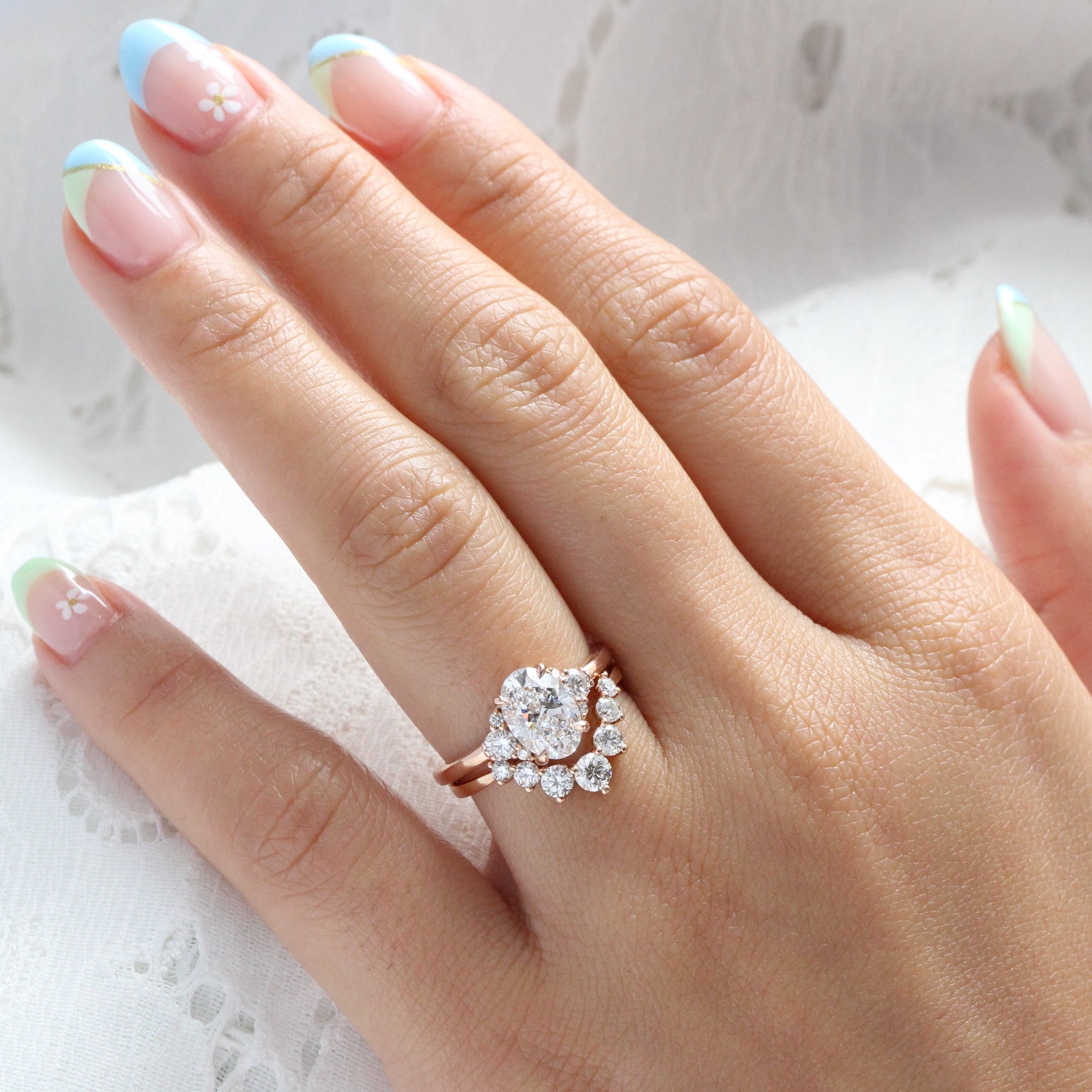 large oval lab diamond 3 stone ring bridal set rose gold curved diamond ring stack la more design jewelry