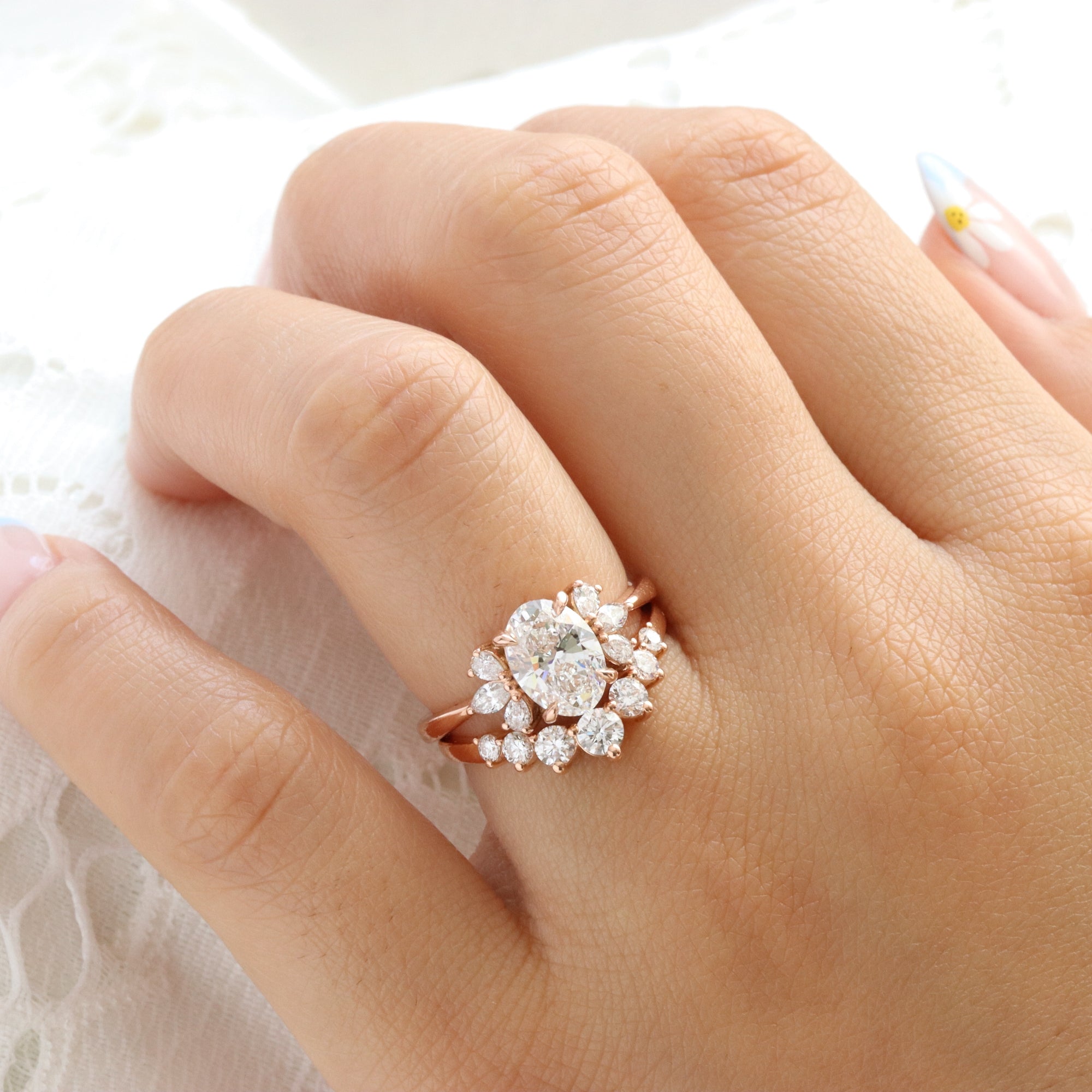 Stone Lab Created Diamond Ring Bridal Set Gold Oval Three Stone