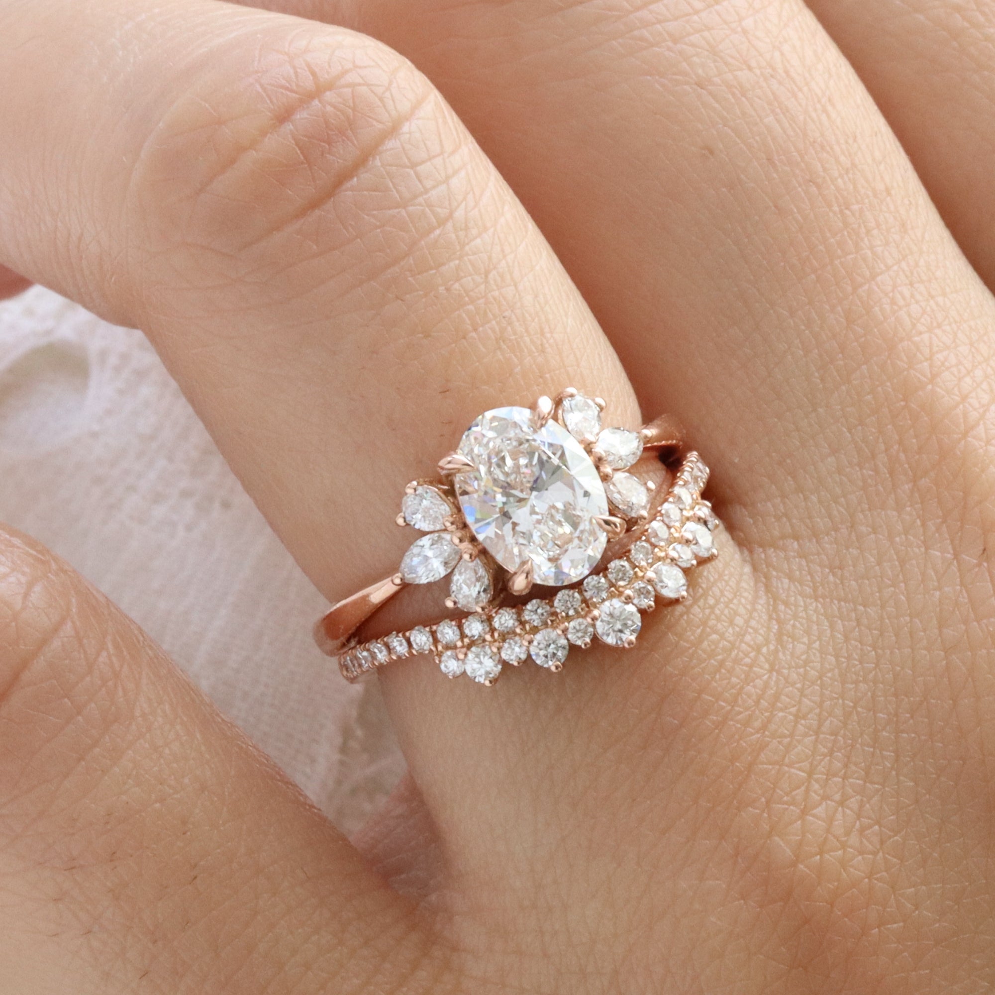 Oval Lab Grown Diamond Stone Ring Bridal Set Rose Gold Cluster
