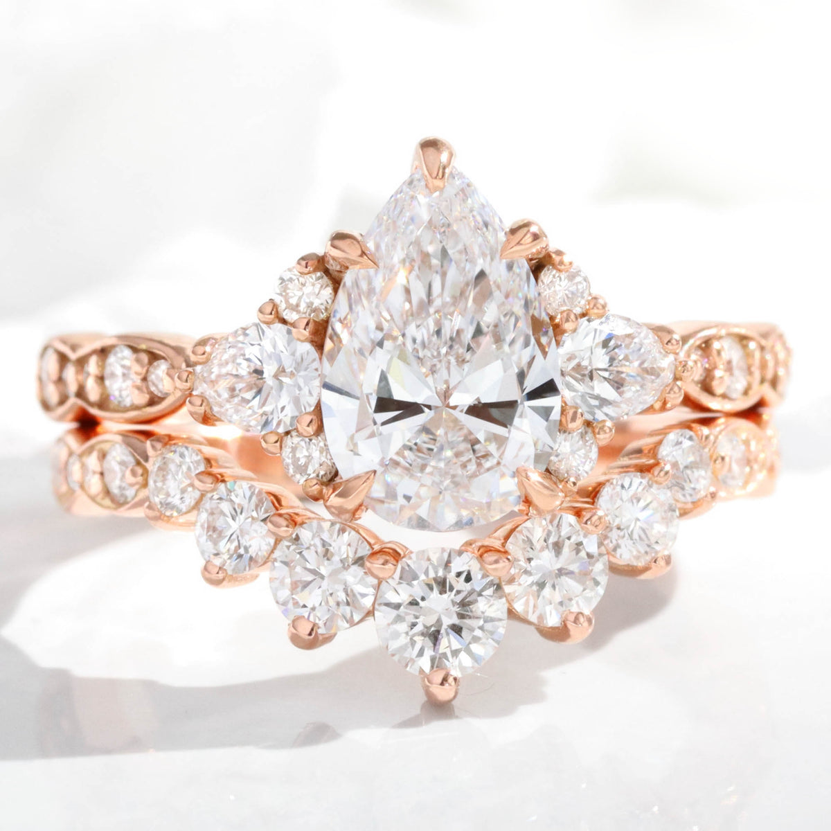 large pear lab diamond 3 stone ring stack rose gold contour diamond ring bridal set la more design jewelry