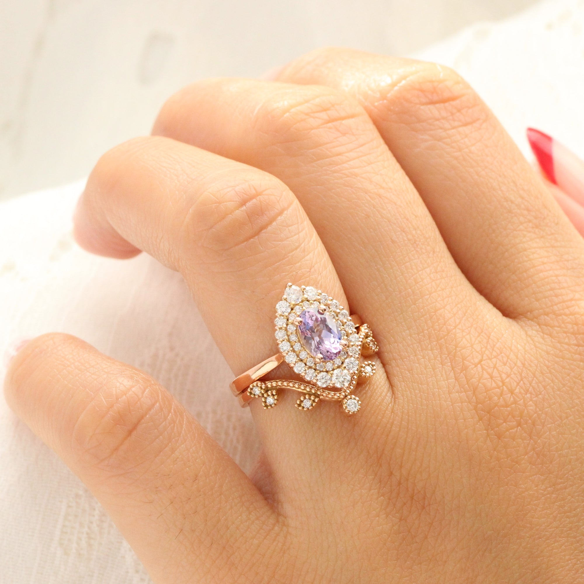 Oval lavender sapphire ring rose gold double halo diamond engagement ring la more design jewelry
