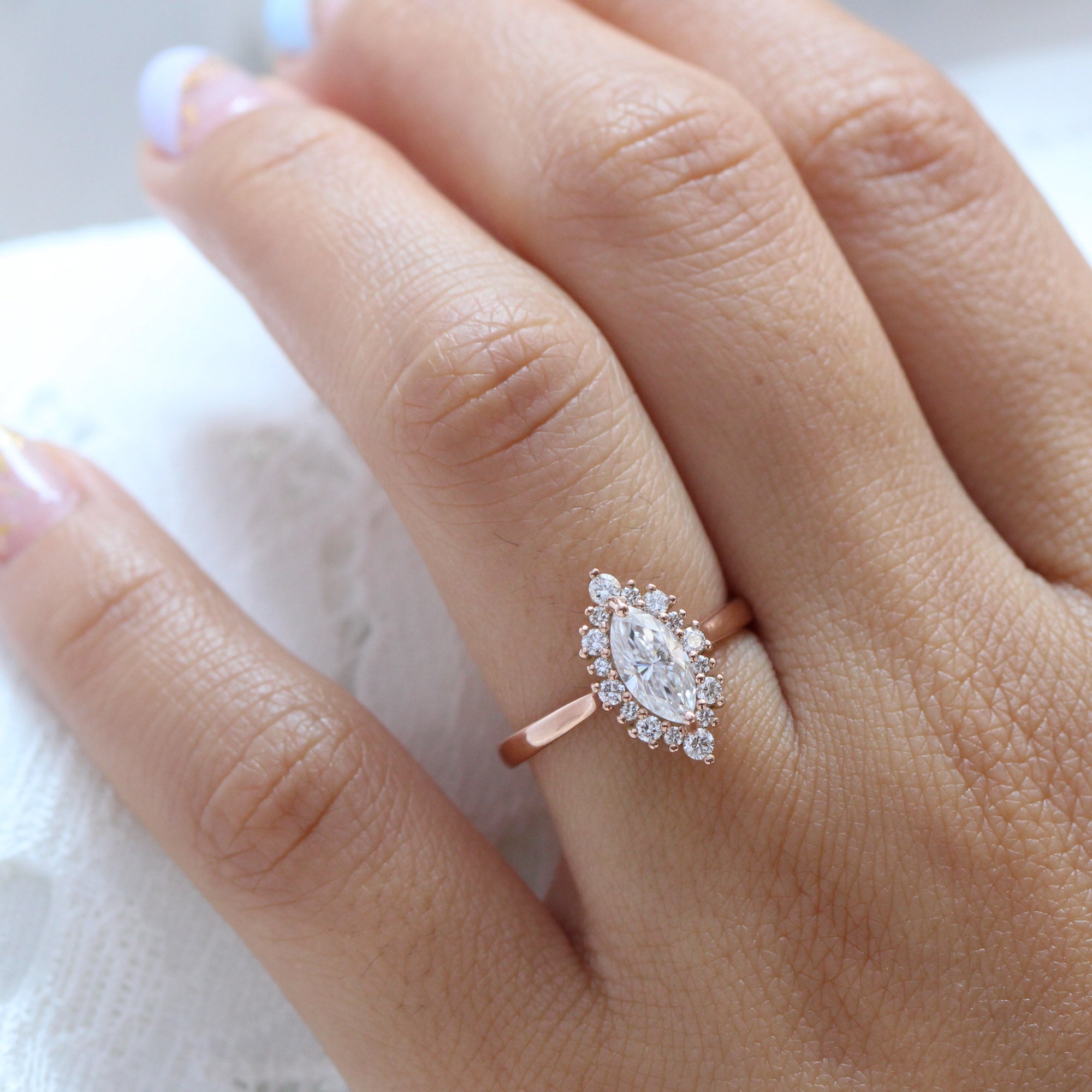 Marquise Moissanite Engagement Ring 14k Rose Gold Halo Diamond Ring La More Design