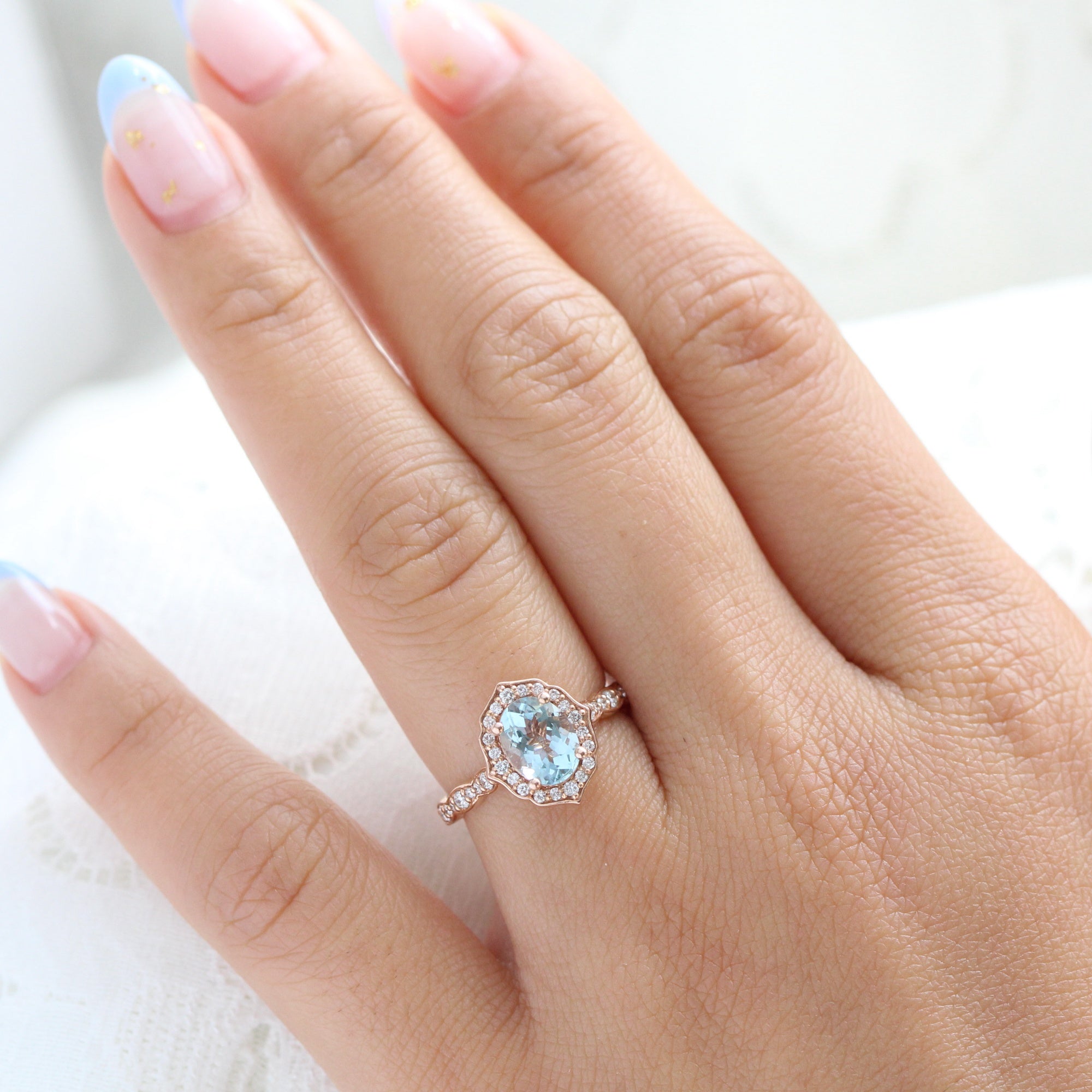 Oval Aquamarine Engagement Ring 14 Rose Gold Vintage Halo Diamond