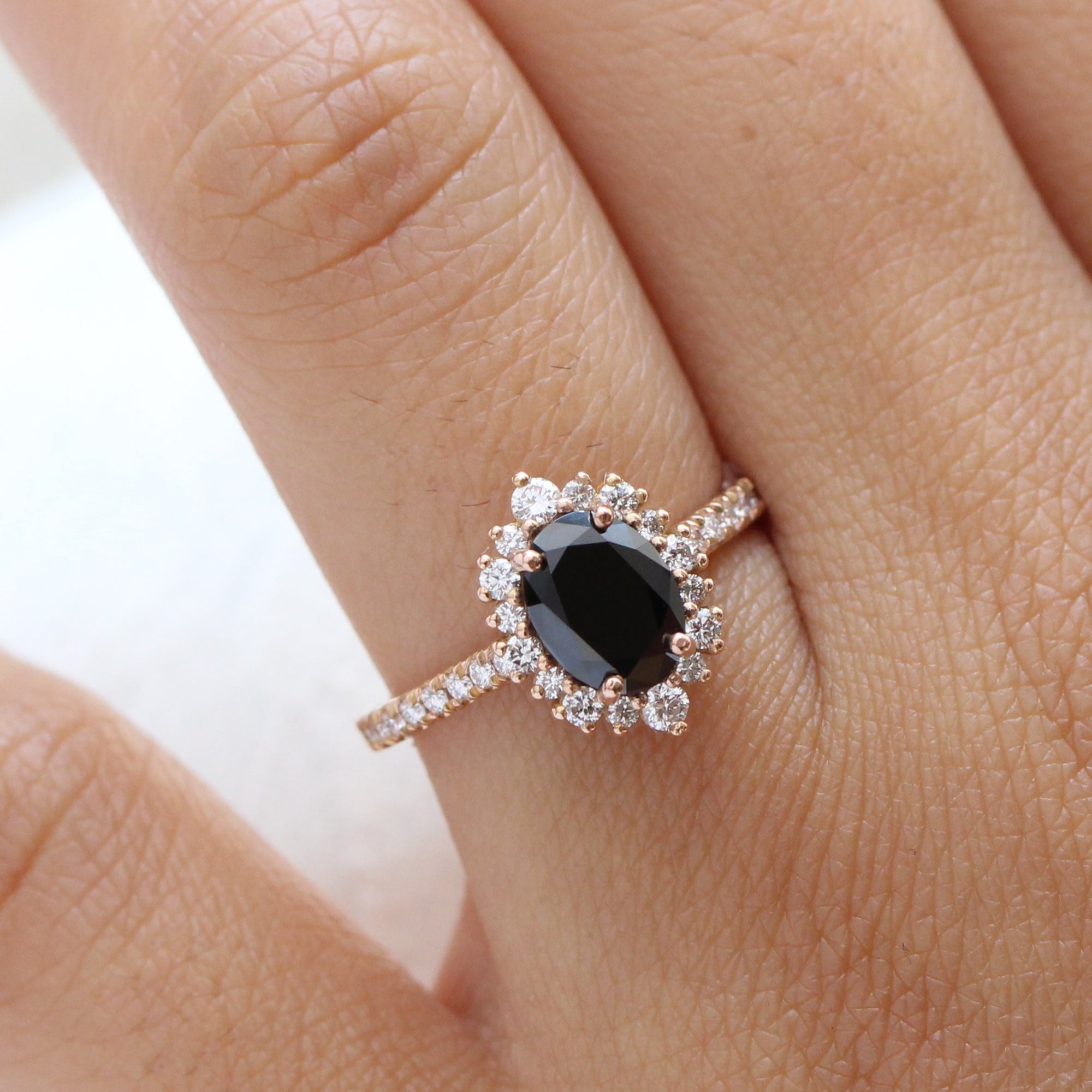 Natural Black Diamond Engagement Ring Rose Gold Halo Pave Wedding
