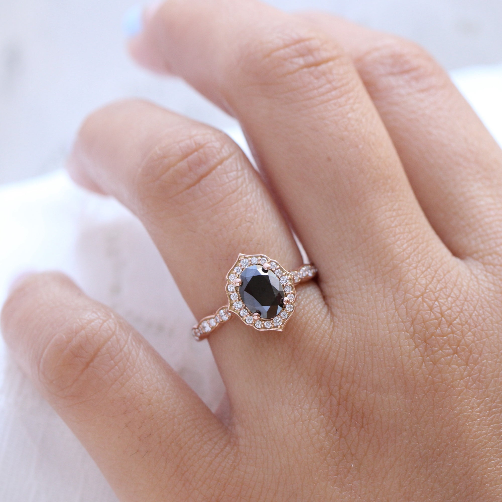 Vintage Halo Oval Black Diamond Engagement Ring 14k White Gold