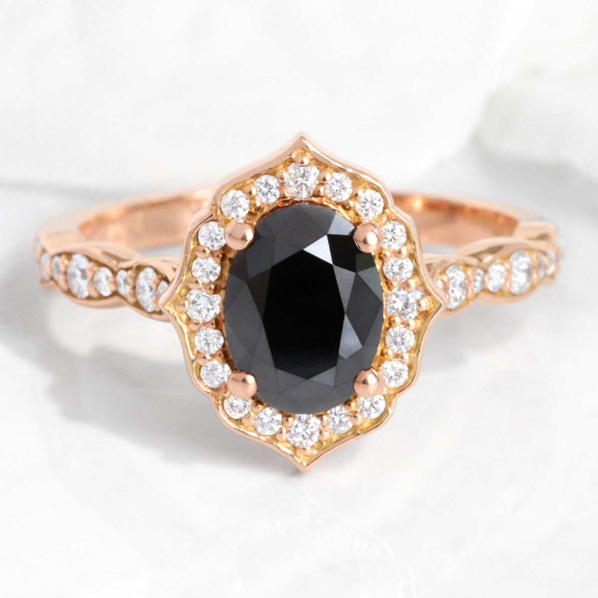 oval black diamond engagement ring rose gold vintage halo ring la more design jewelry