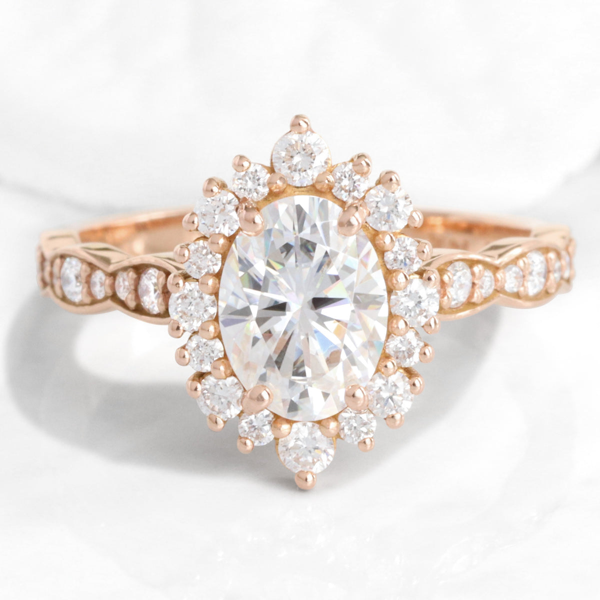 oval moissanite engagement ring rose gold in halo diamond cluster band by la more design jewelry