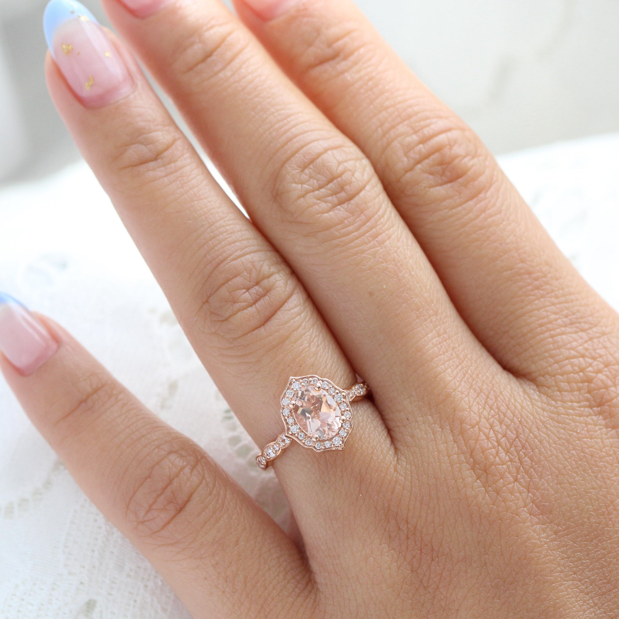 Oval Morganite Engagement Ring 14k Rose Gold Vintage Halo Diamond
