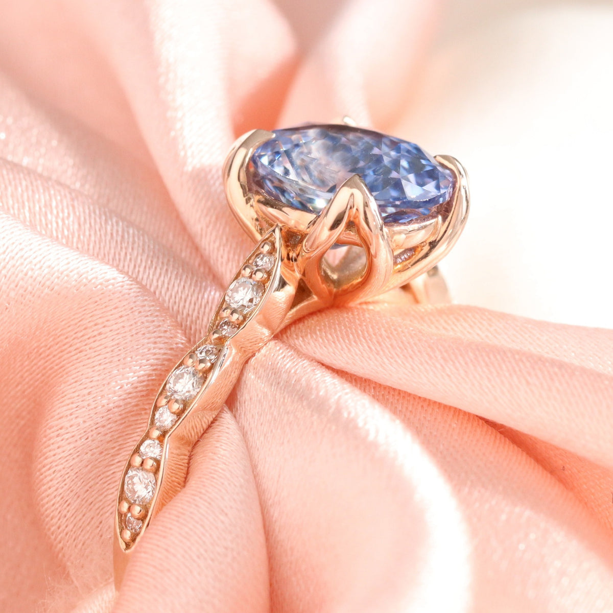oval aqua blue sapphire ring rose gold natural Ceylon sapphire solitaire ring diamond sapphire floral ring la more design jewelry
