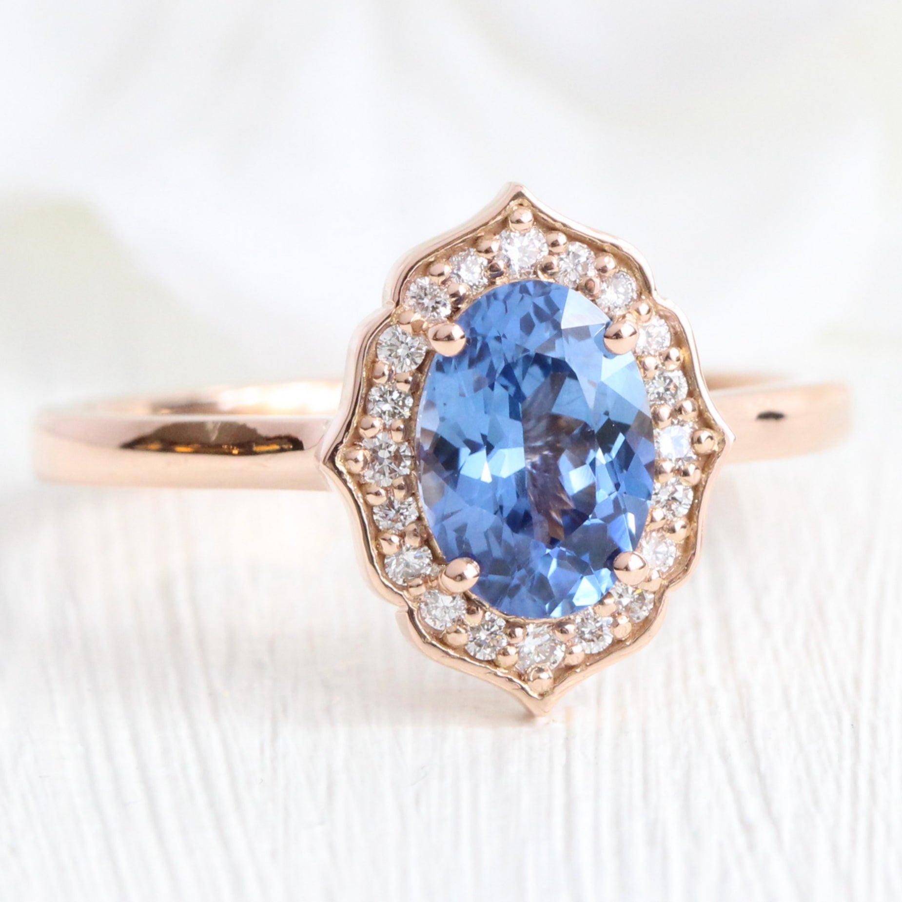 Vintage Blue Sapphire Diamond Ring Rose Gold Oval Ceylon Sapphire