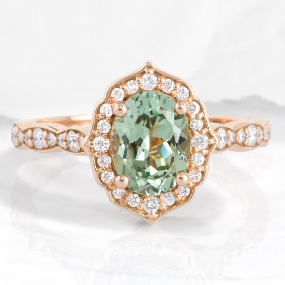 vintage style green sapphire engagement ring rose gold halo diamond sapphire cluster ring la more design jewelry