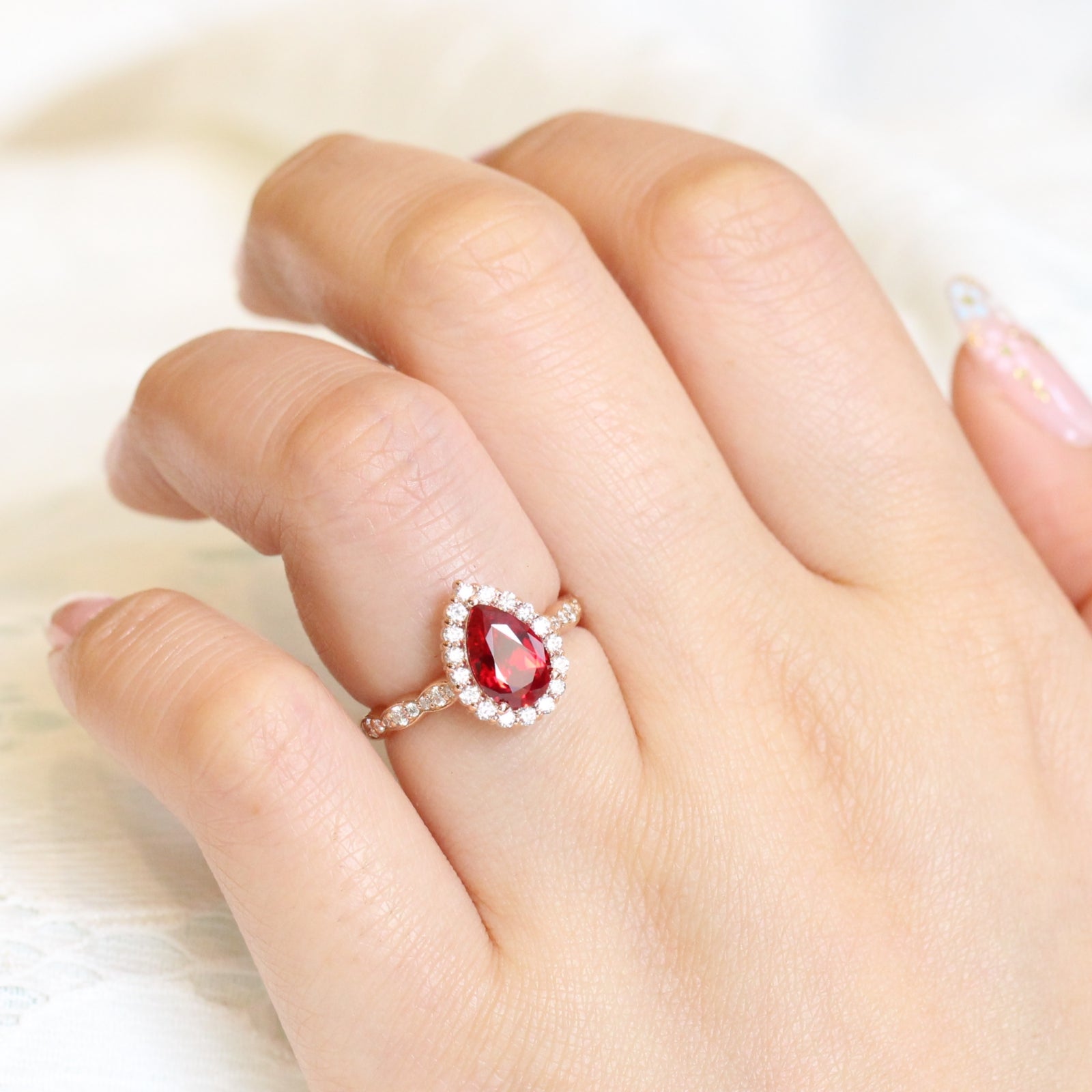Large Pear Ruby Engagement Ring White Gold Halo Diamond Wedding
