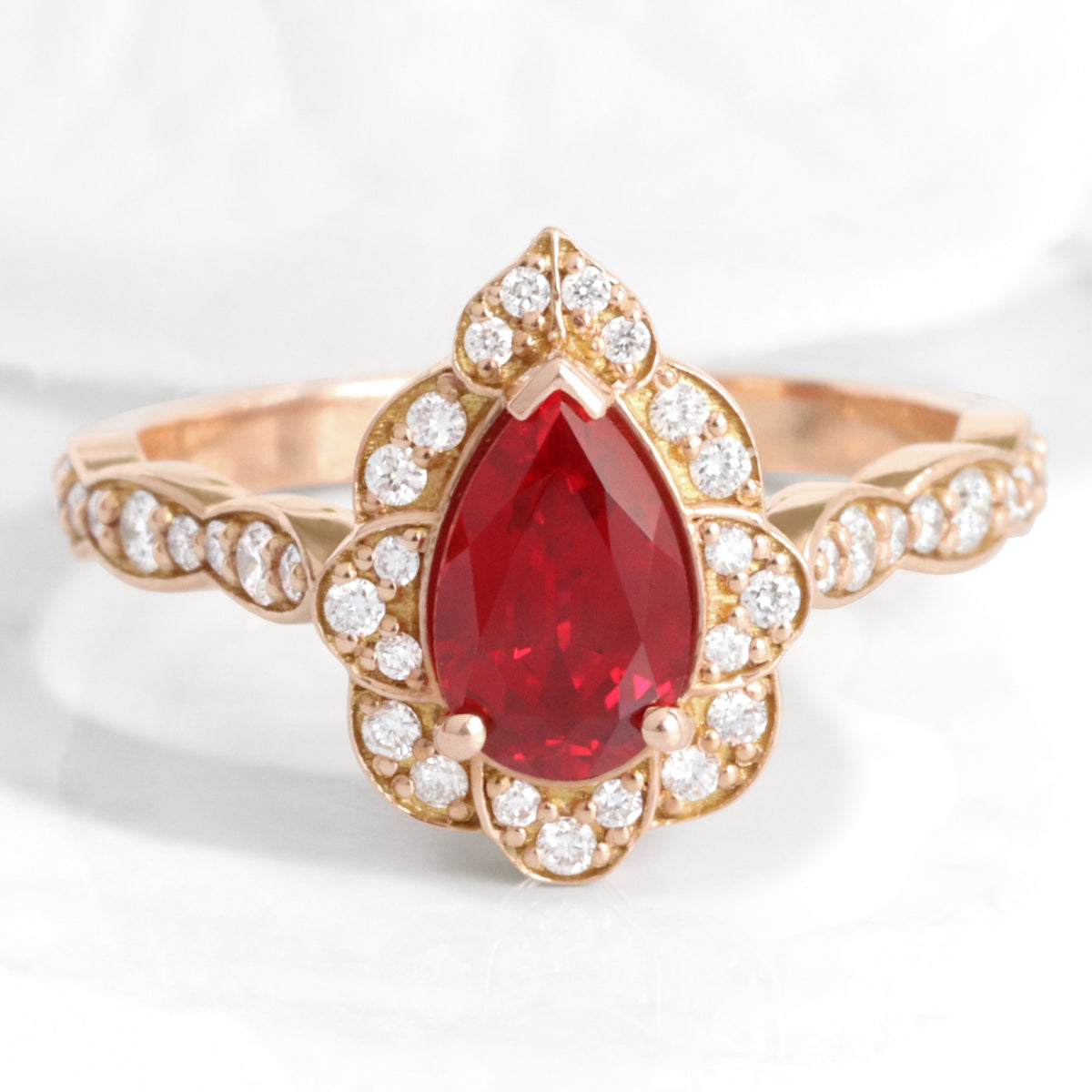 pear ruby engagement ring rose gold vintage halo diamond ruby ring la more design jewelry