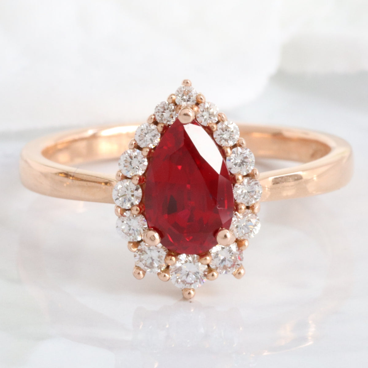 pear shaped ruby engagement ring rose gold halo diamond ruby cluster ring la more design jewelry