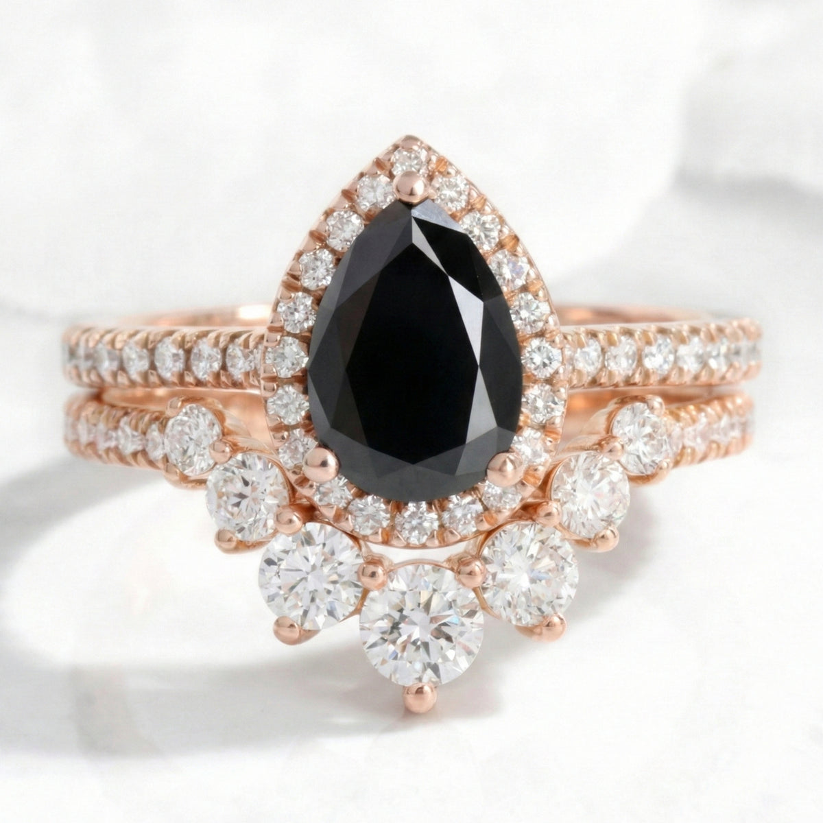 pear black diamond engagement ring bridal set rose gold curved diamond wedding band stacking rings la more design jewelry