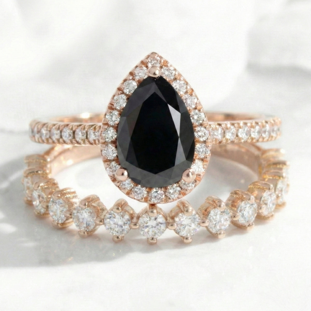 pear black diamond halo ring bridal set rose gold matching diamond wedding band stacking rings la more design jewelry