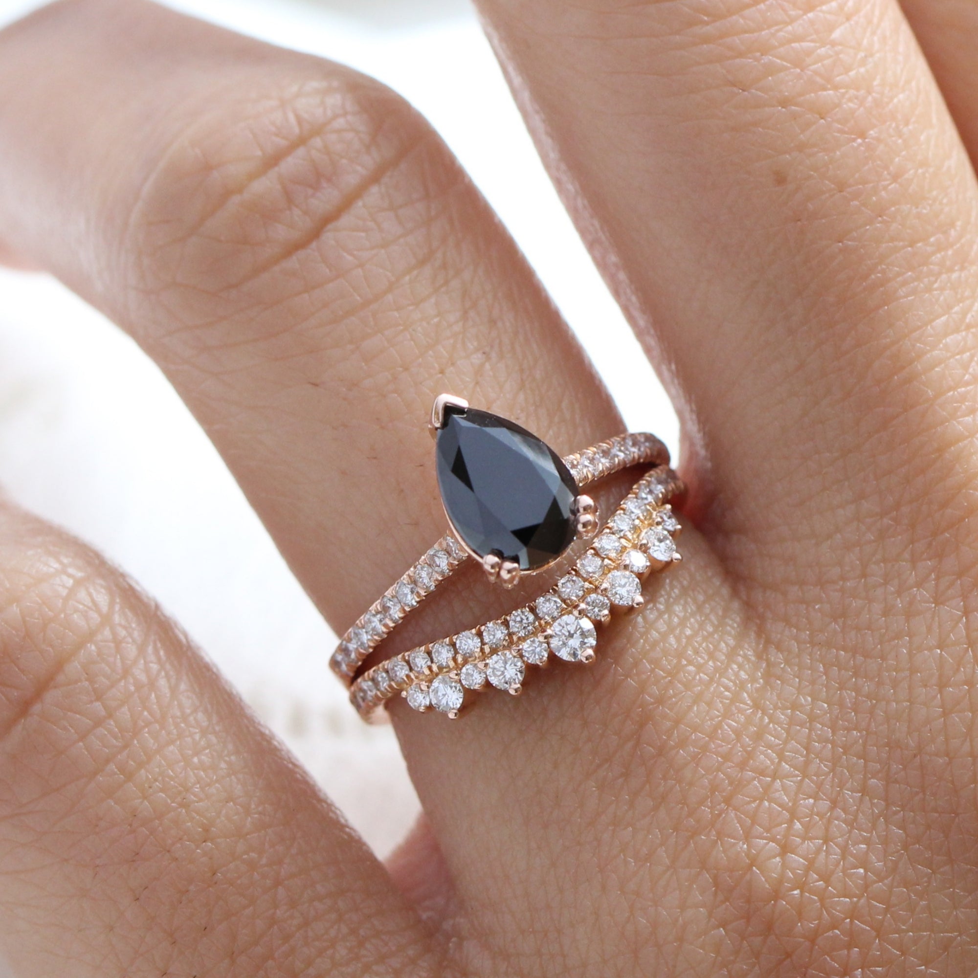 Pear Cut Black Diamond Ring Set Rose Gold Single Stone Ring