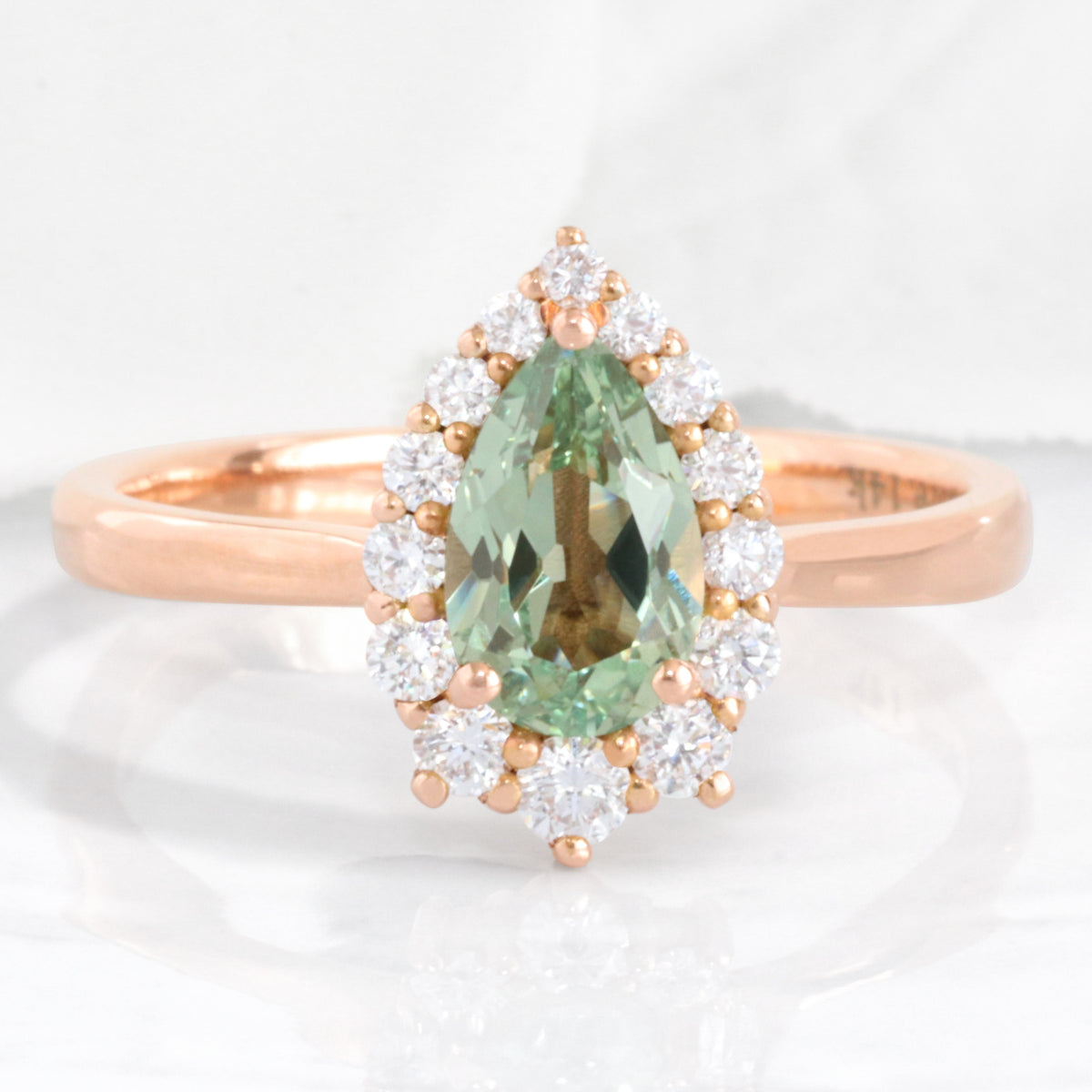 Pear green sapphire ring rose gold halo diamond ring la more design jewelry