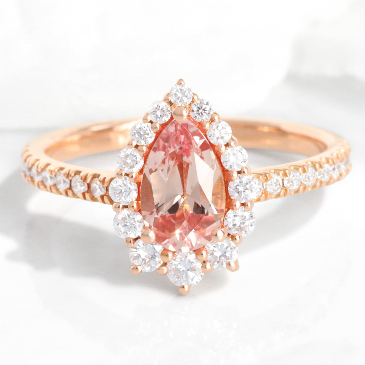 pear peach sapphire ring rose gold halo engagement ring la more design jewelry
