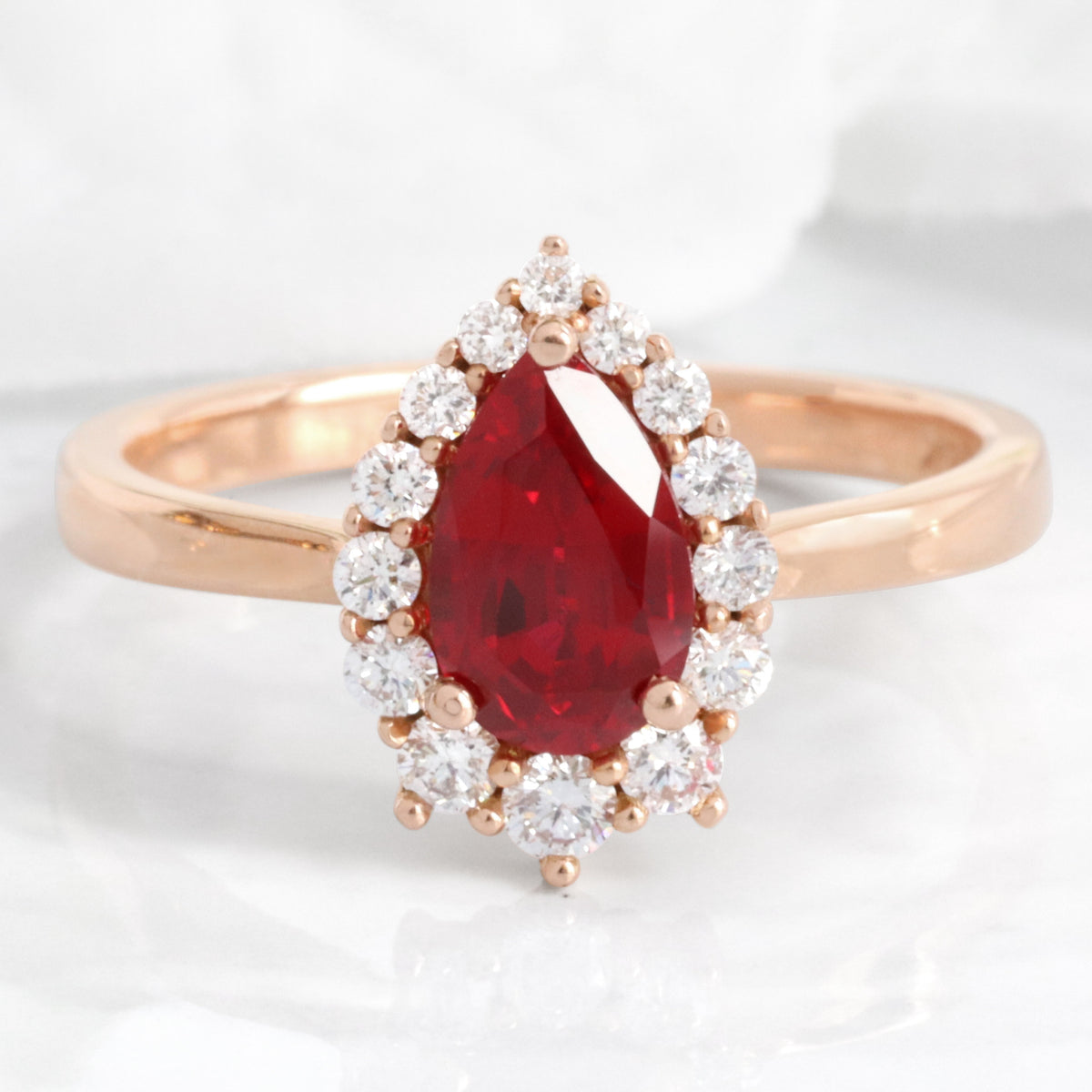 pear shaped ruby engagement ring rose gold halo diamond ruby cluster ring la more design jewelry