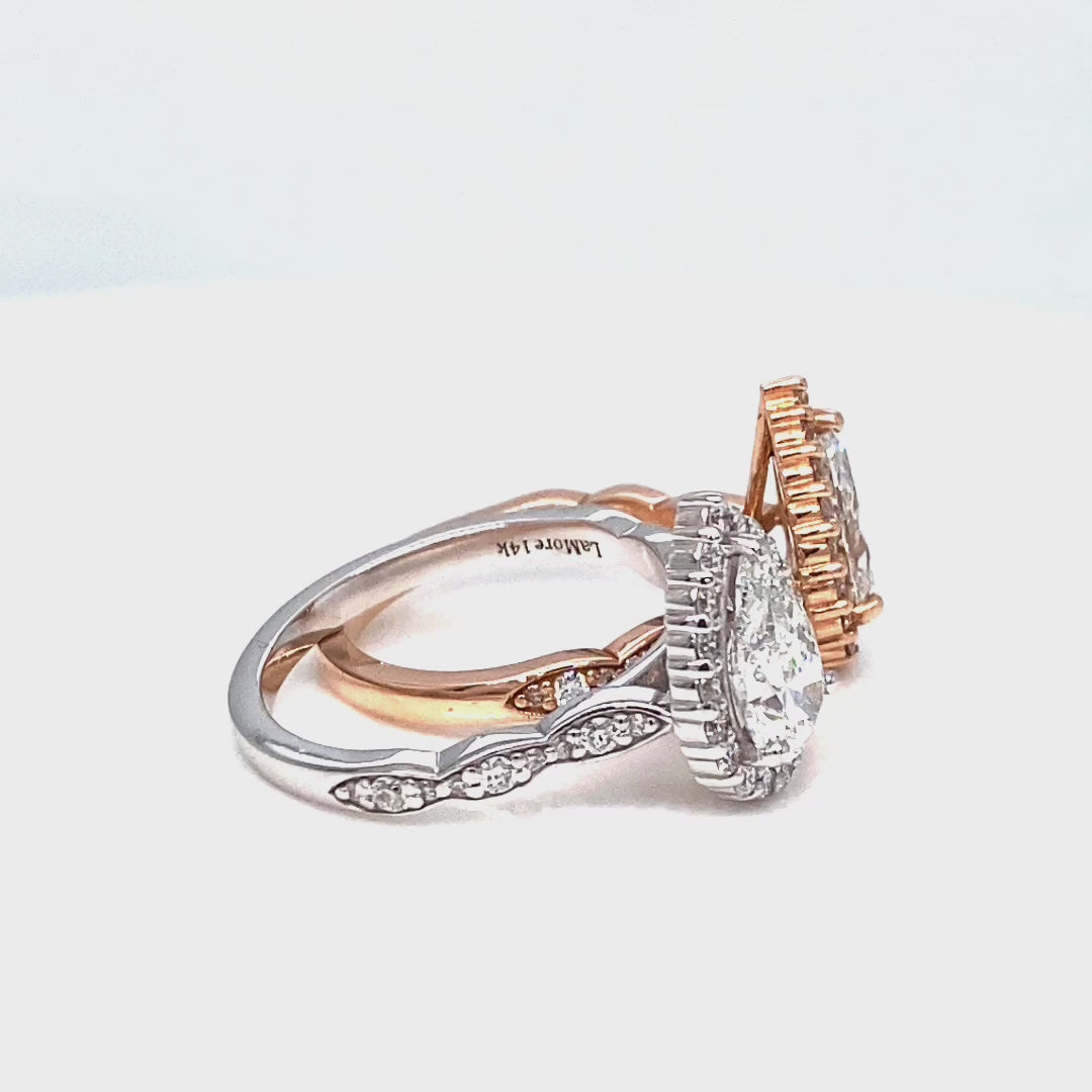 Pear Lab Diamond Ring Scalloped Band w/ Natural Diamonds in Luna Halo Ring