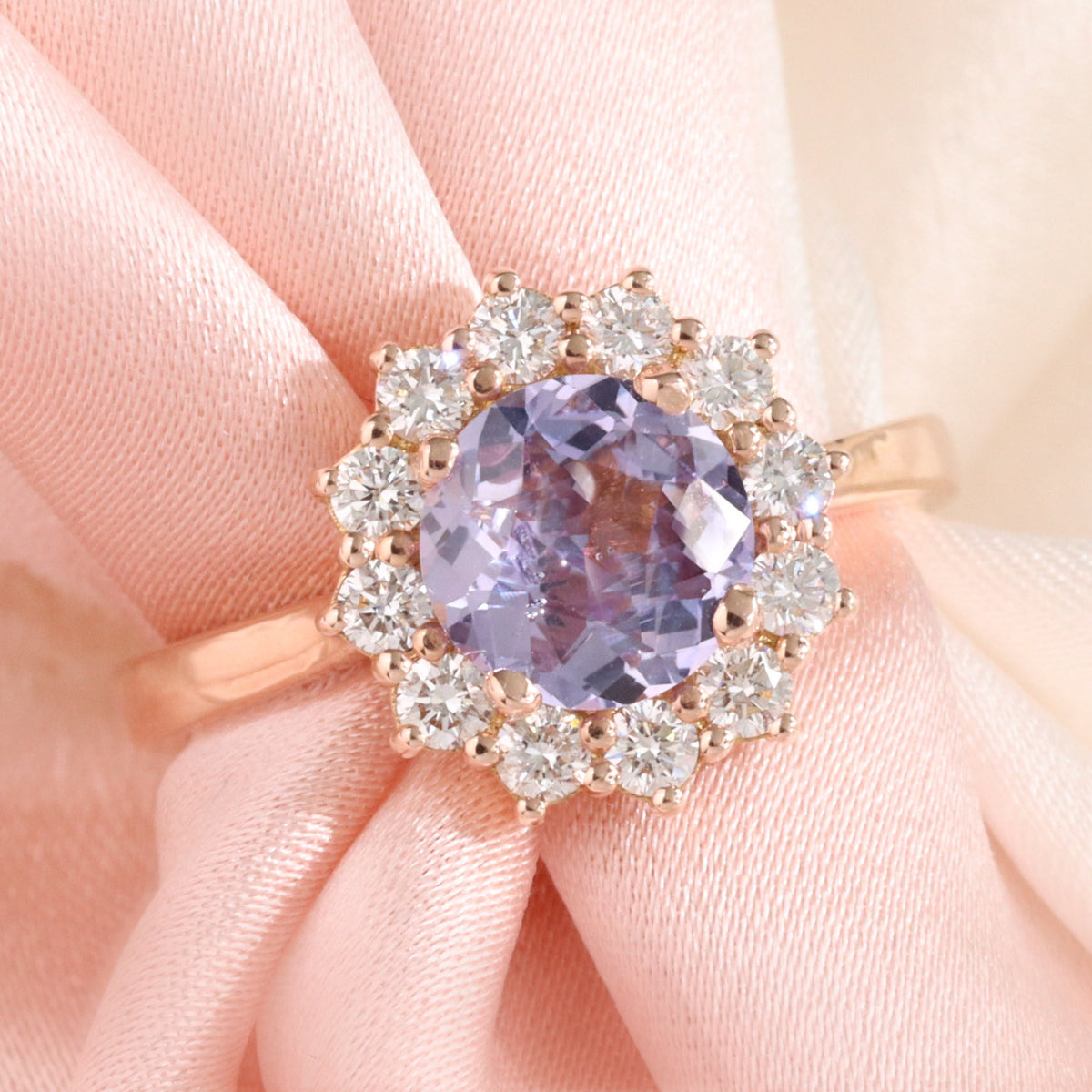 round lavender sapphire ring rose gold large halo diamond engagement ring la more design jewelry