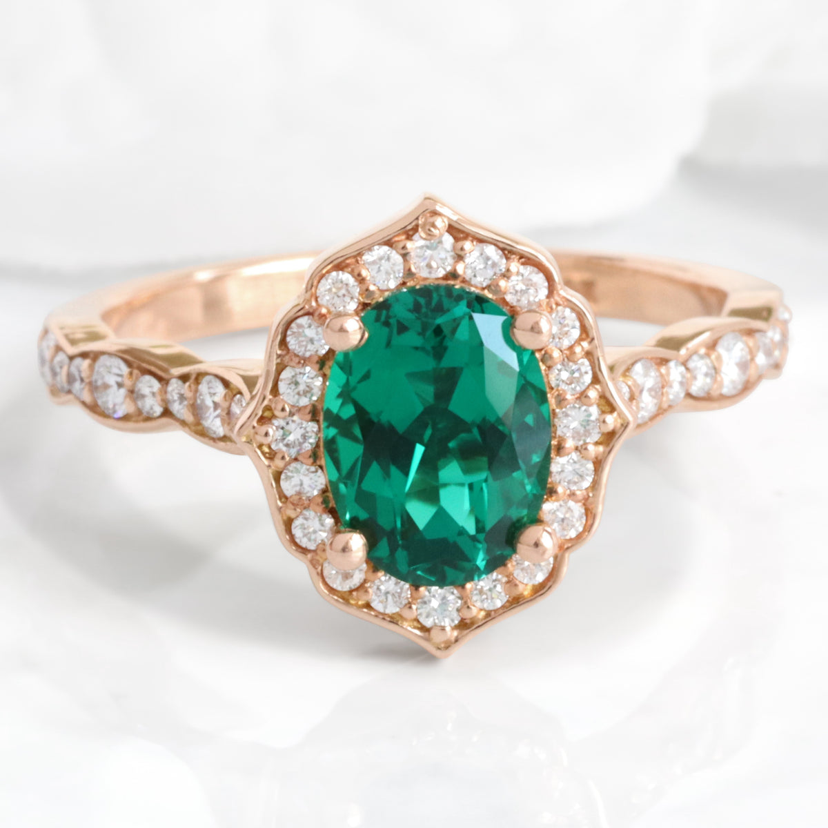 vintage style emerald engagement ring rose gold oval emerald diamond ring la more design jewelry