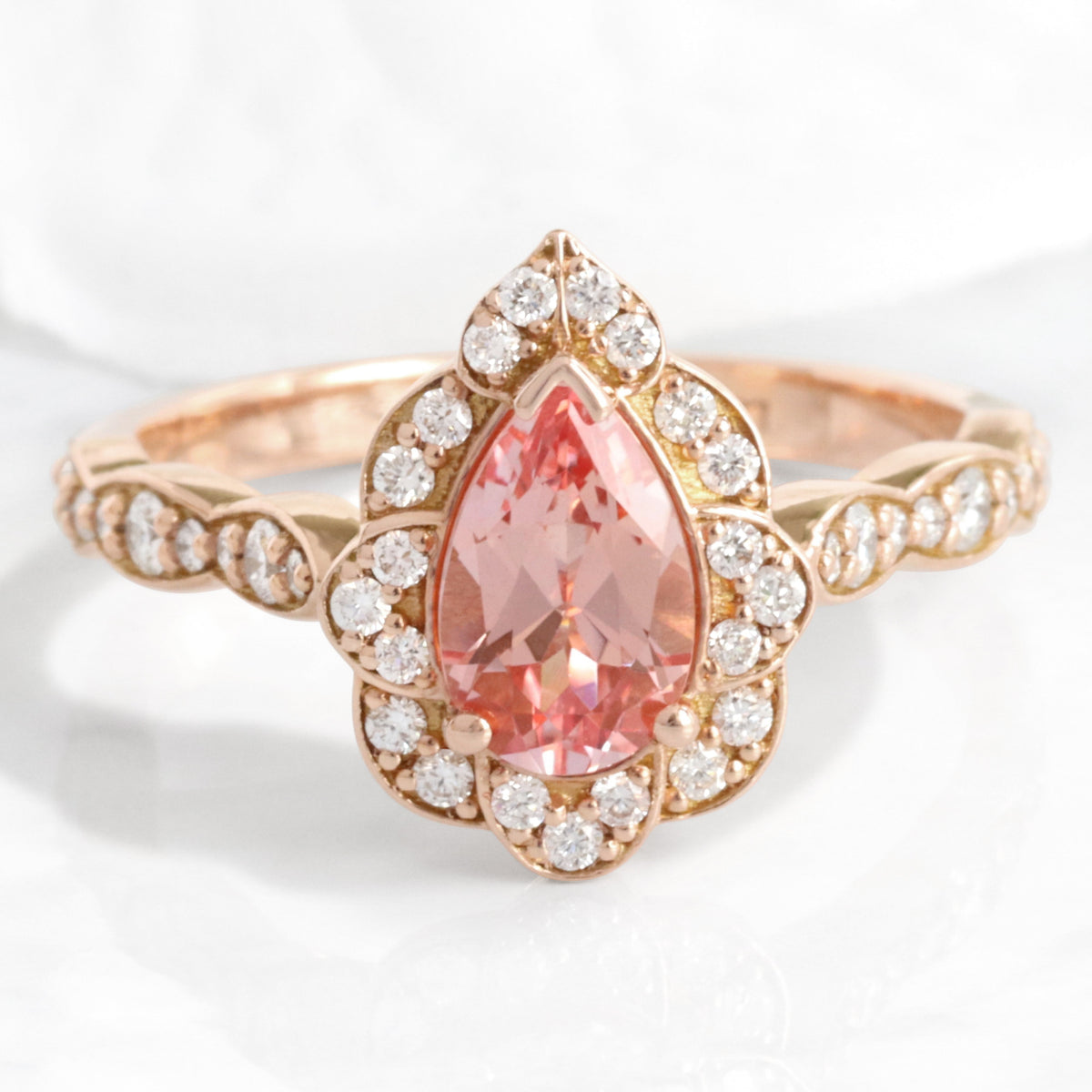 vintage style peach sapphire engagement ring rose gold halo diamond pink sapphire ring la more design jewelry