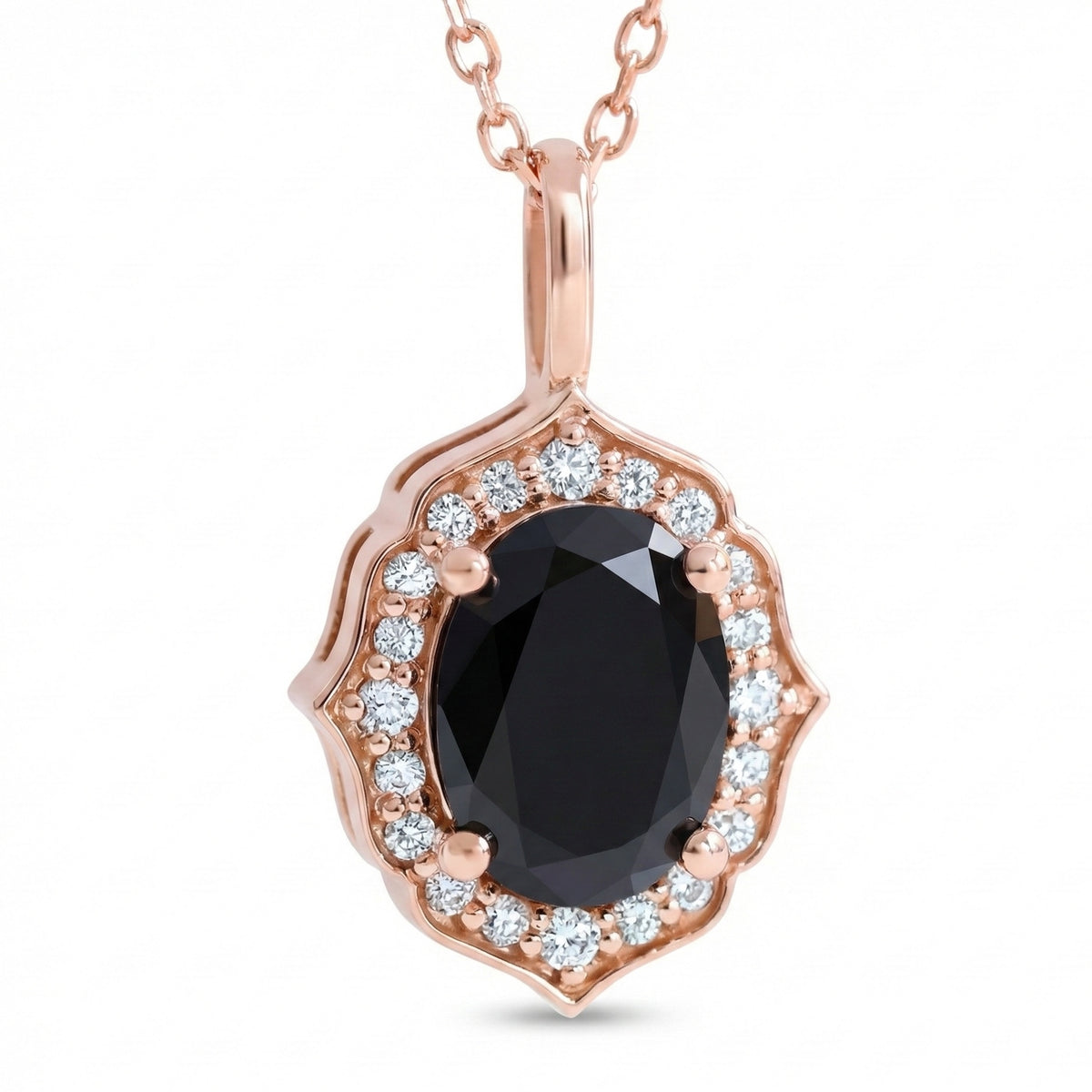 vintage floral halo black diamond pendant rose gold oval black diamond necklace la more design jewelry