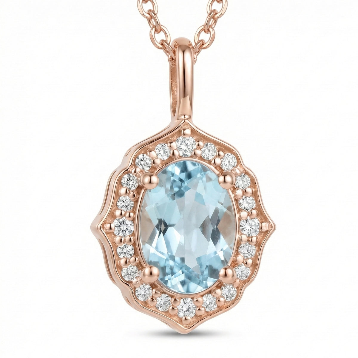 vintage floral halo diamond aquamarine pendant rose gold oval aquamarine necklace la more design jewelry