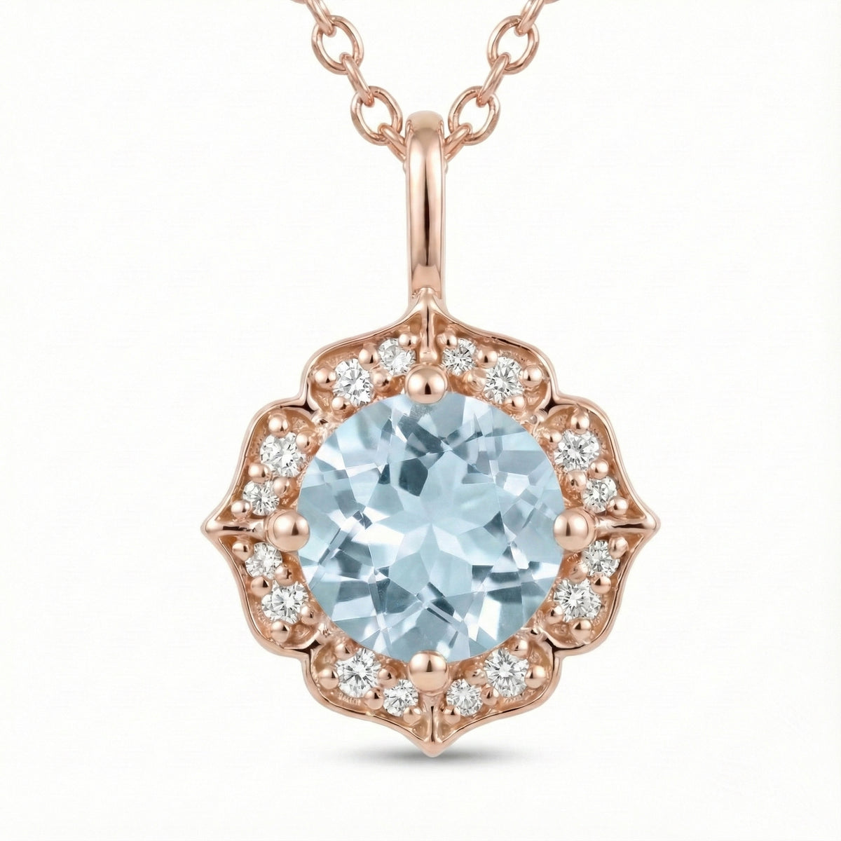 vintage floral halo diamond aquamarine pendant rose gold round aquamarine necklace la more design jewelry