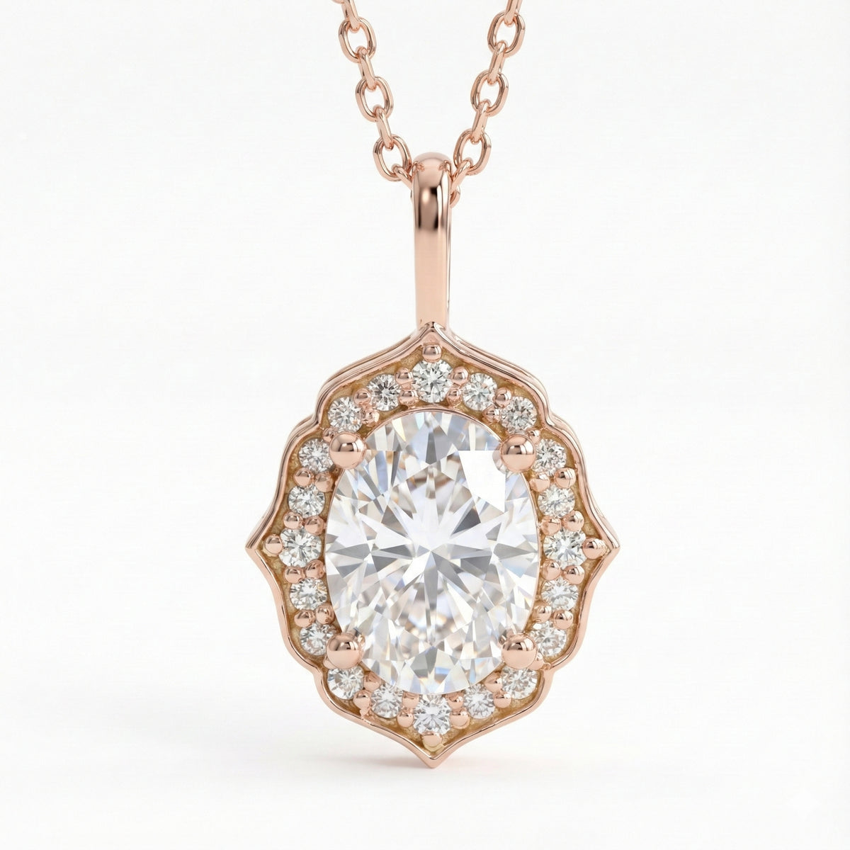 vintage floral halo diamond moissanite pendant rose gold oval moissanite necklace la more design jewelry