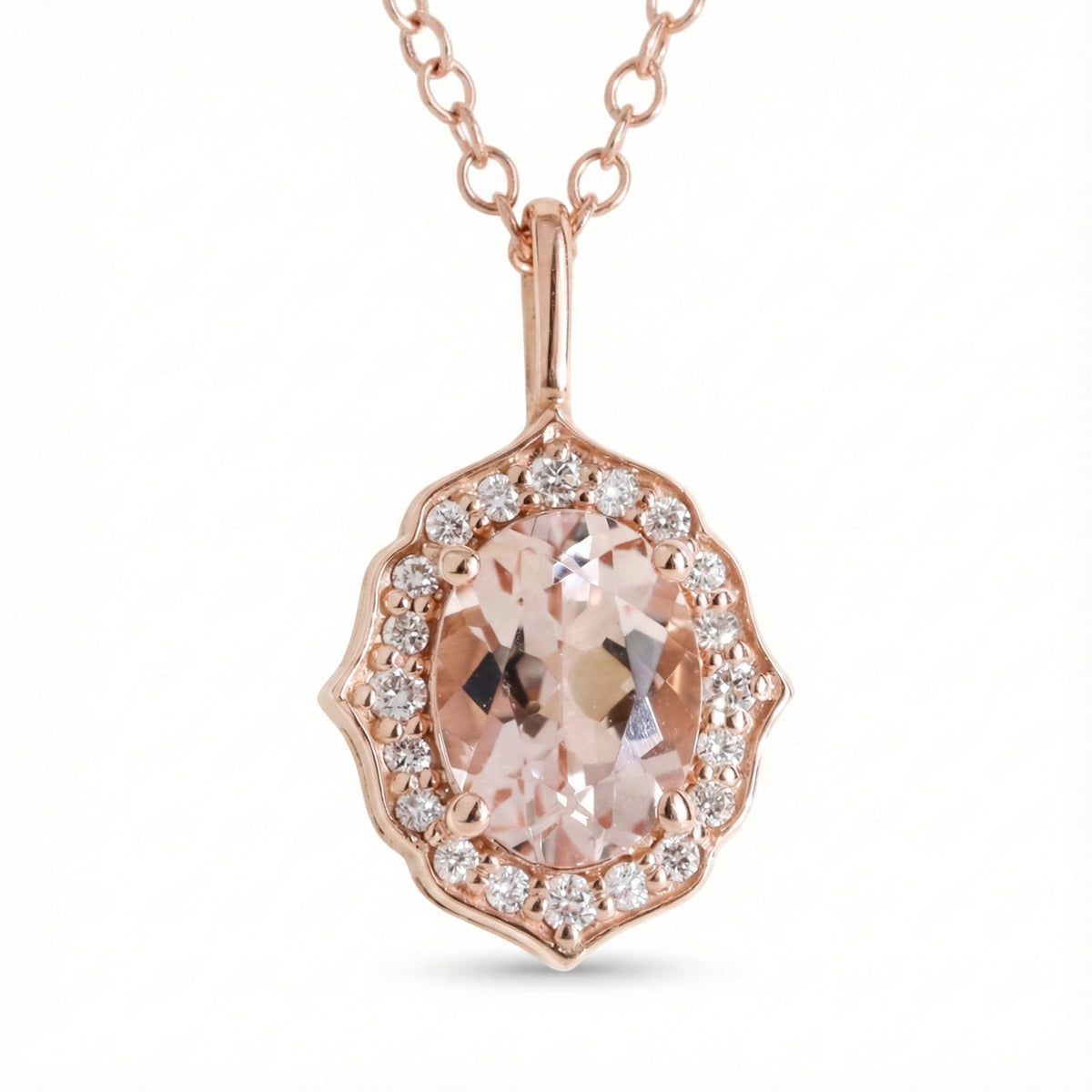 vintage floral halo diamond morganite pendant rose gold oval peach morganite necklace la more design jewelry