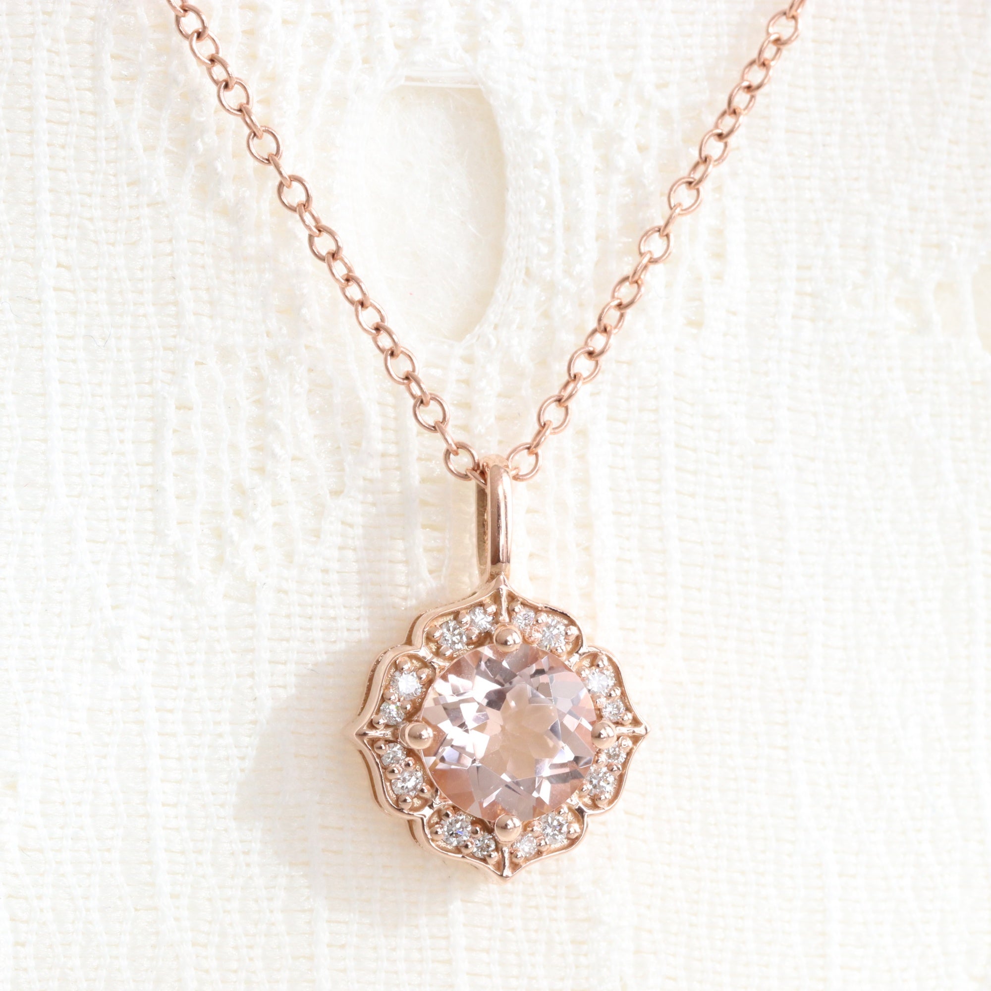 Halo Diamond Morganite Necklace Rose Gold Vintage Morganite Pendant La More Design