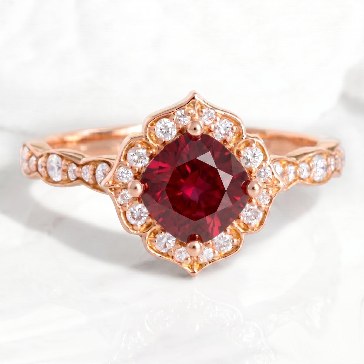 vintage inspired ruby engagement ring rose gold ruby diamond cluster ring by la more design jewelry