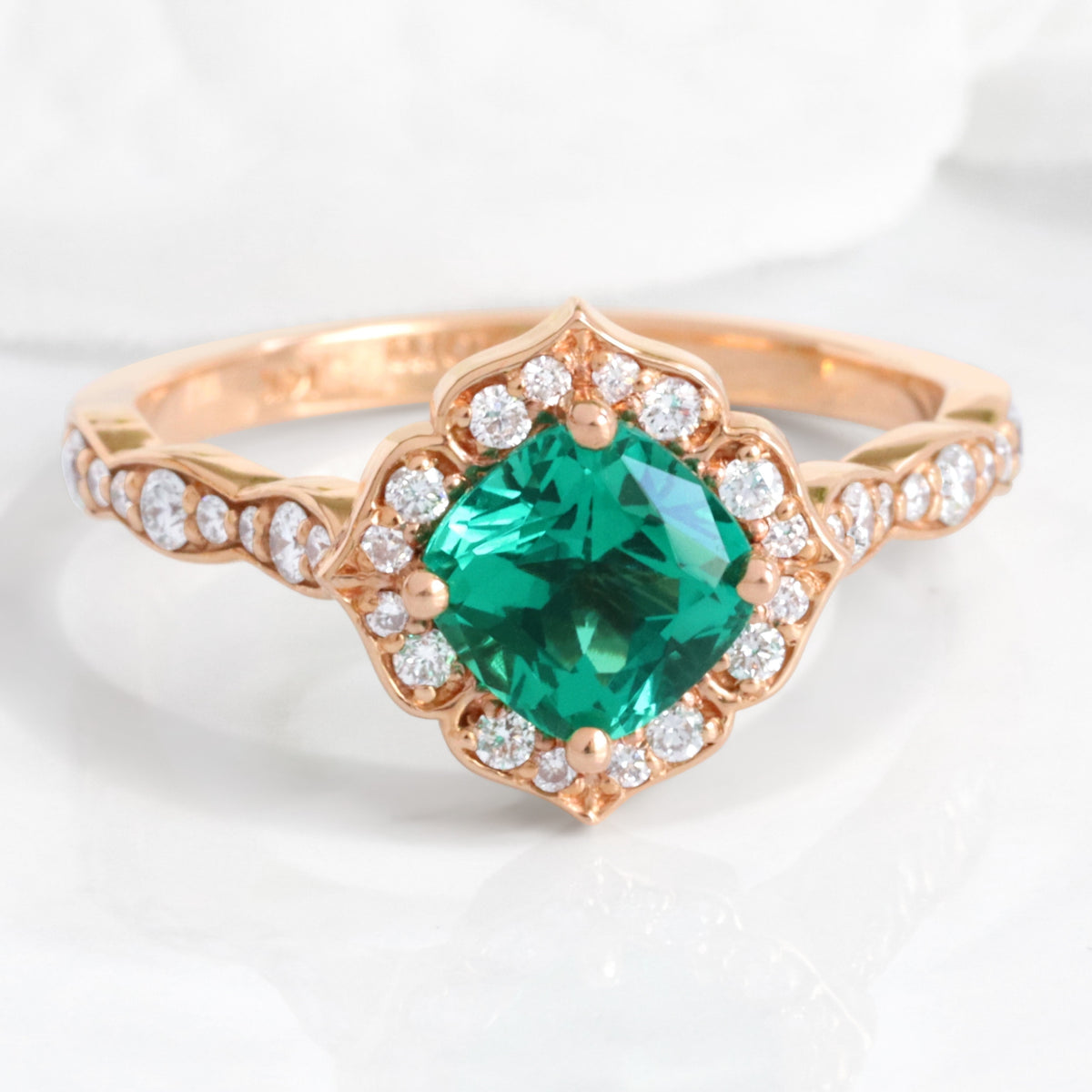 vintage style emerald engagement ring rose gold emerald diamond cluster ring by la more design jewelry