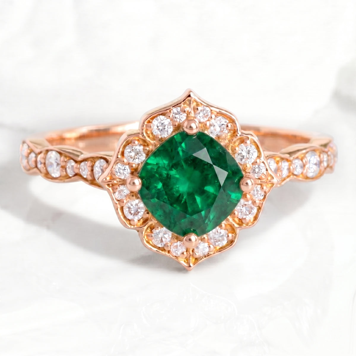 vintage style emerald engagement ring rose gold emerald diamond cluster ring by la more design jewelry