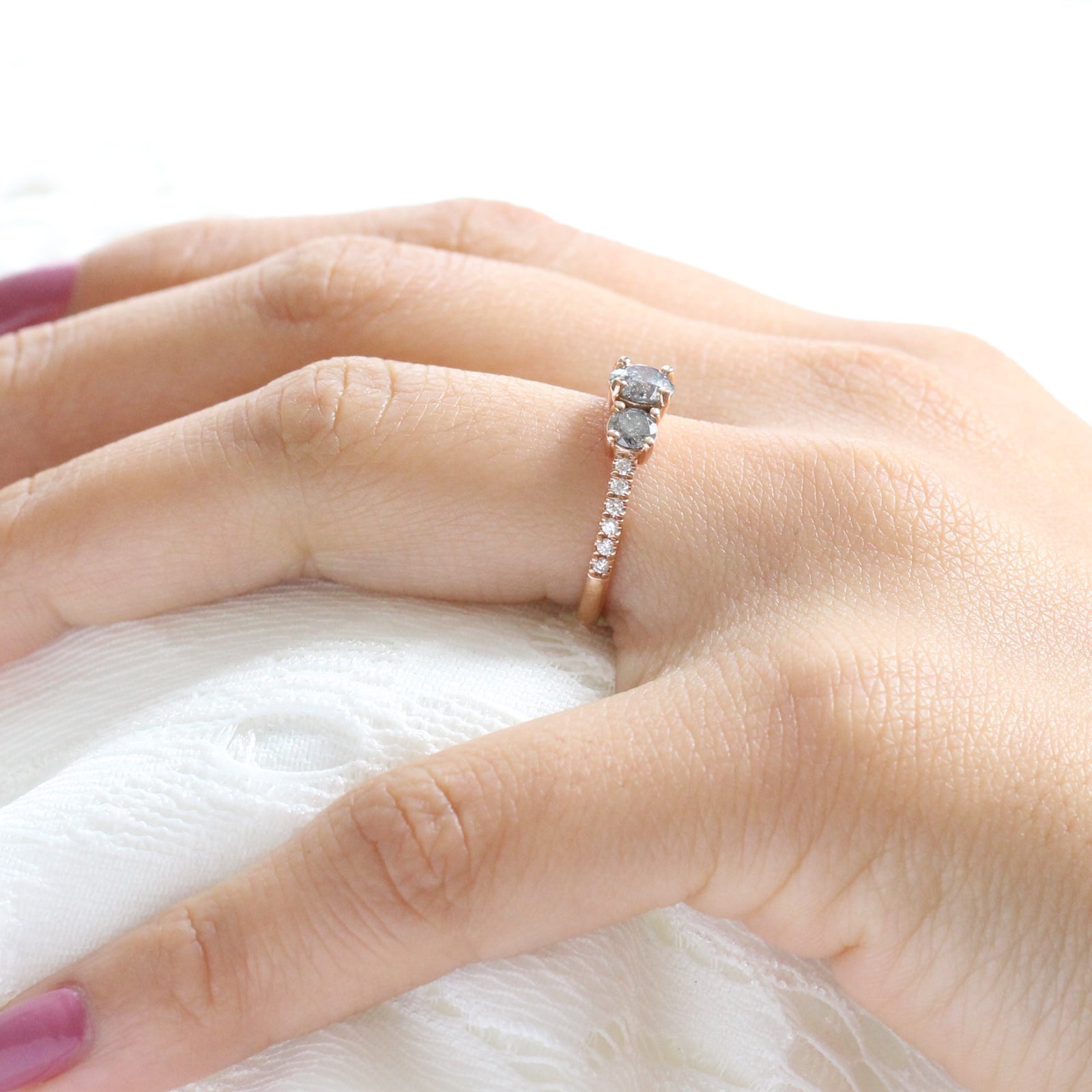 3 Stone Salt and Pepper Grey Diamond Engagement Ring in Rose Gold Pave Band by La More Design Jewelry