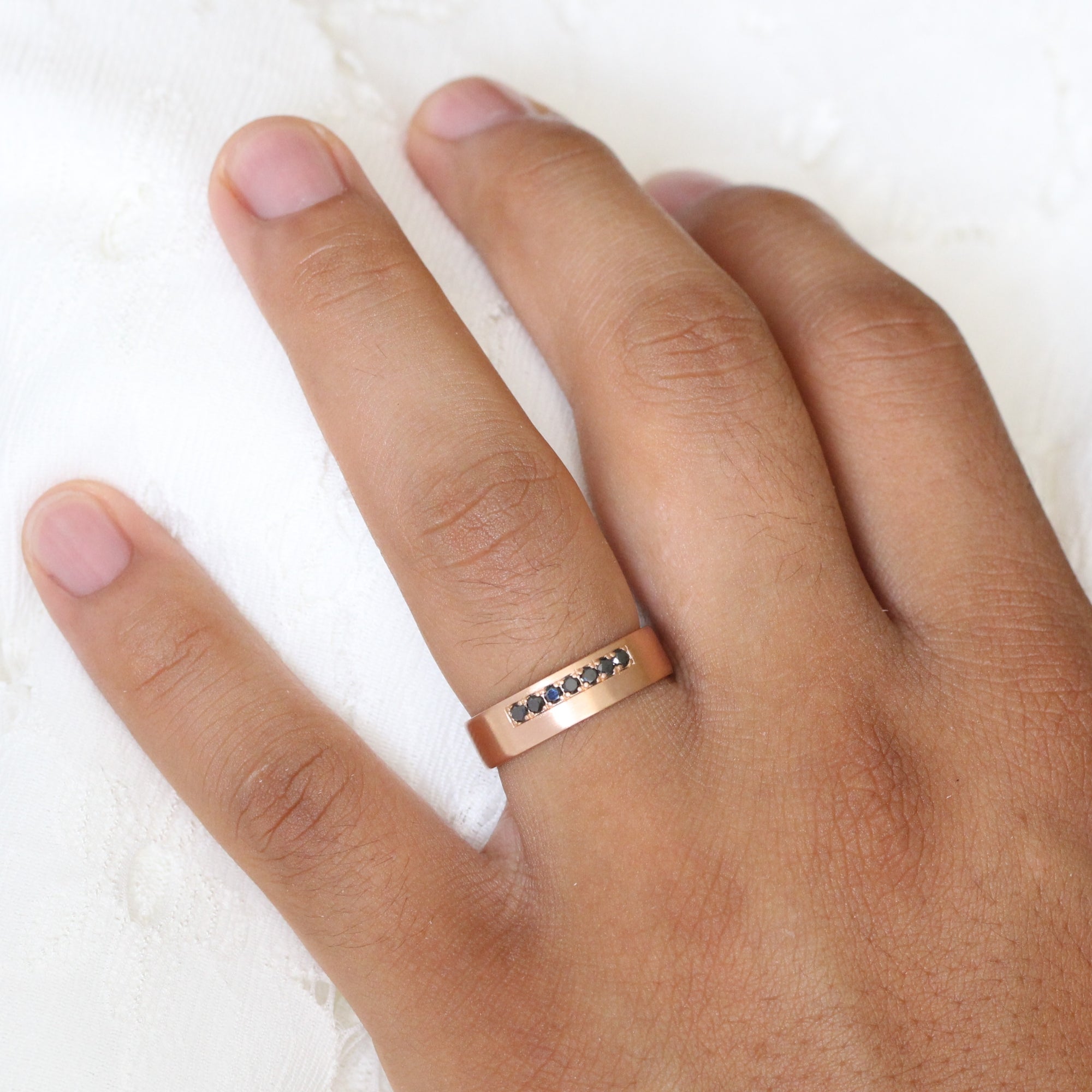 Seven Black Diamond Ring Mens Wide Gold Wedding Band for Him and