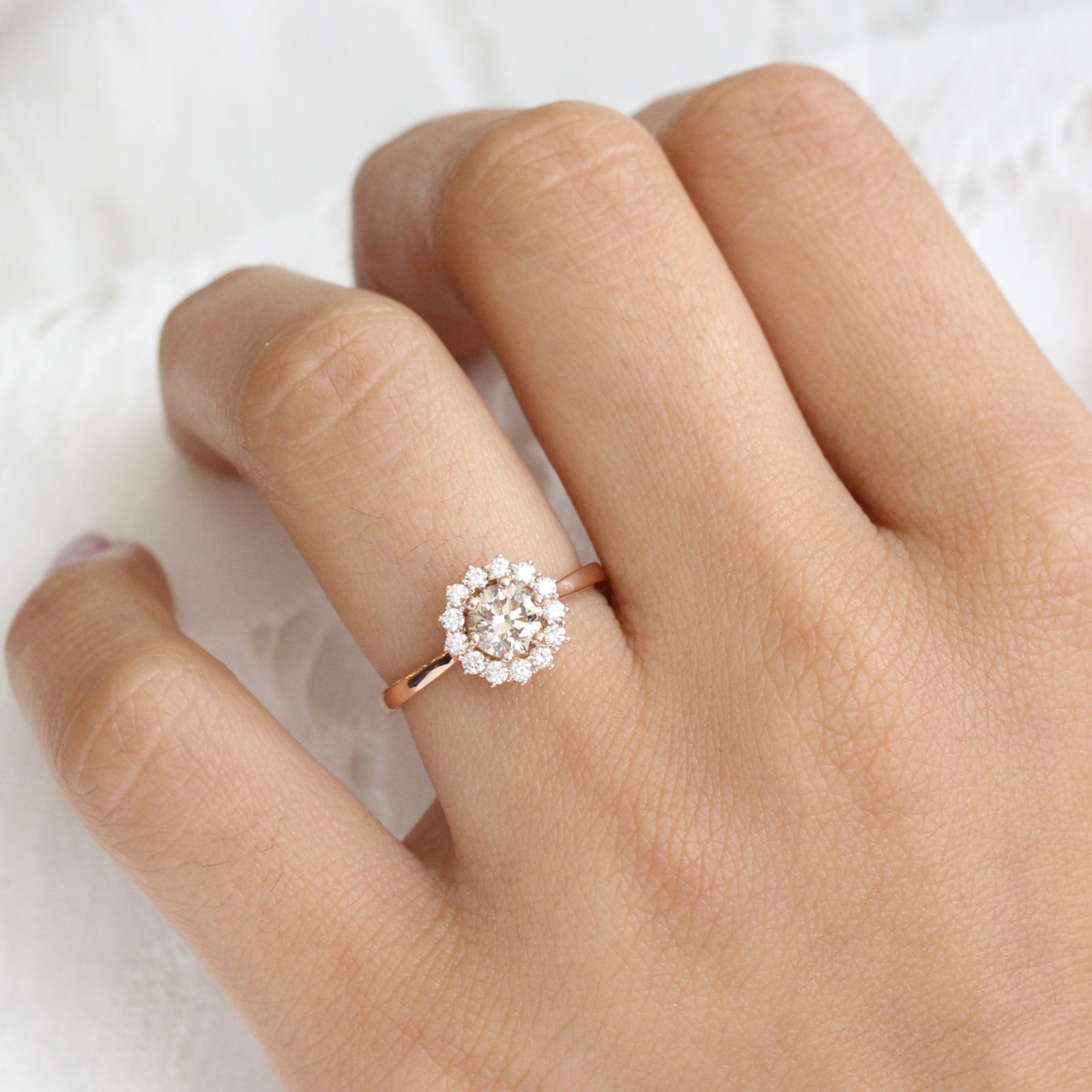 Champagne Diamond Engagement Ring Rose Gold Halo Cluster Diamond Ring La More Design
