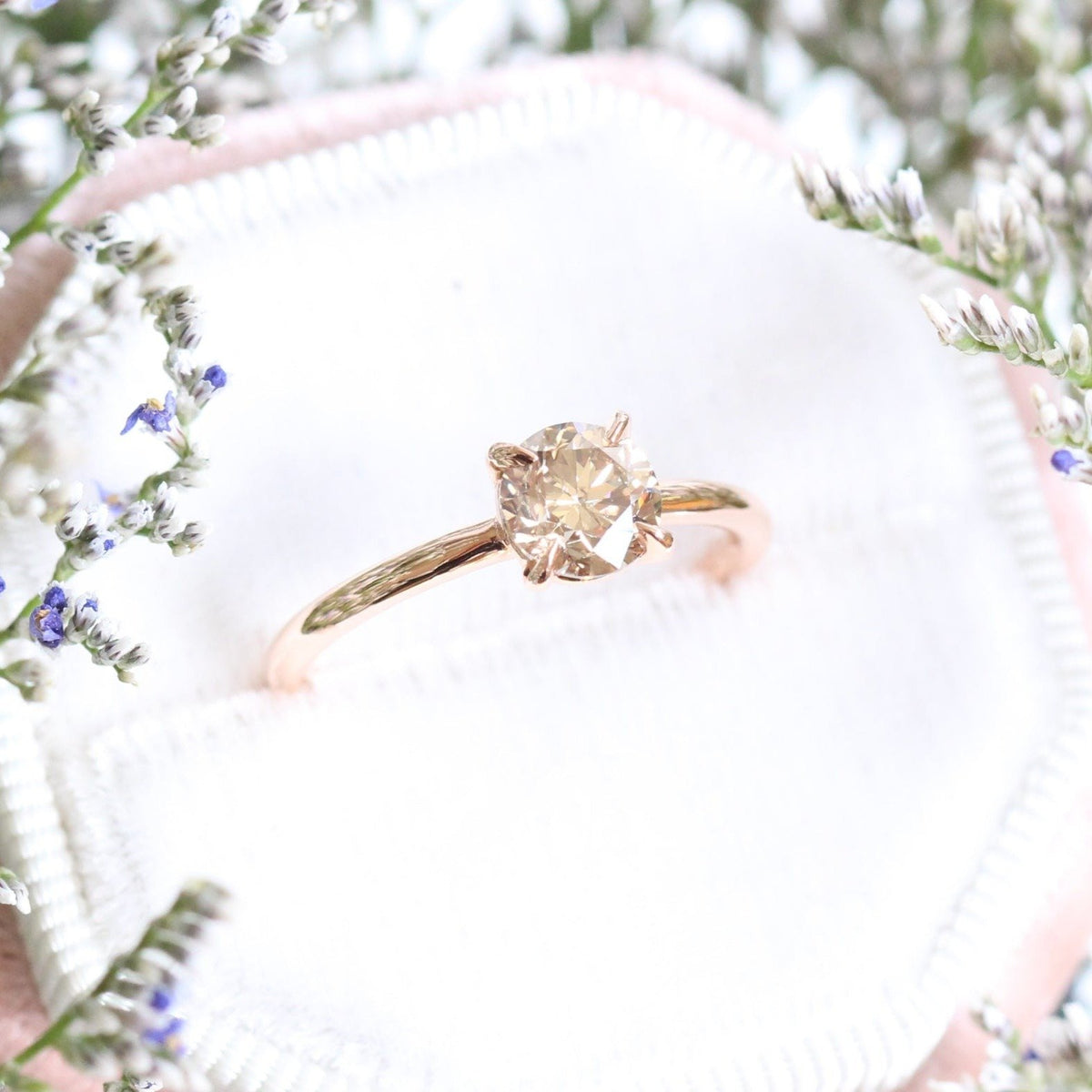 Champagne Diamond Engagement Ring in Rose Gold Low Profile Solitaire Ring by La More Design Jewelry