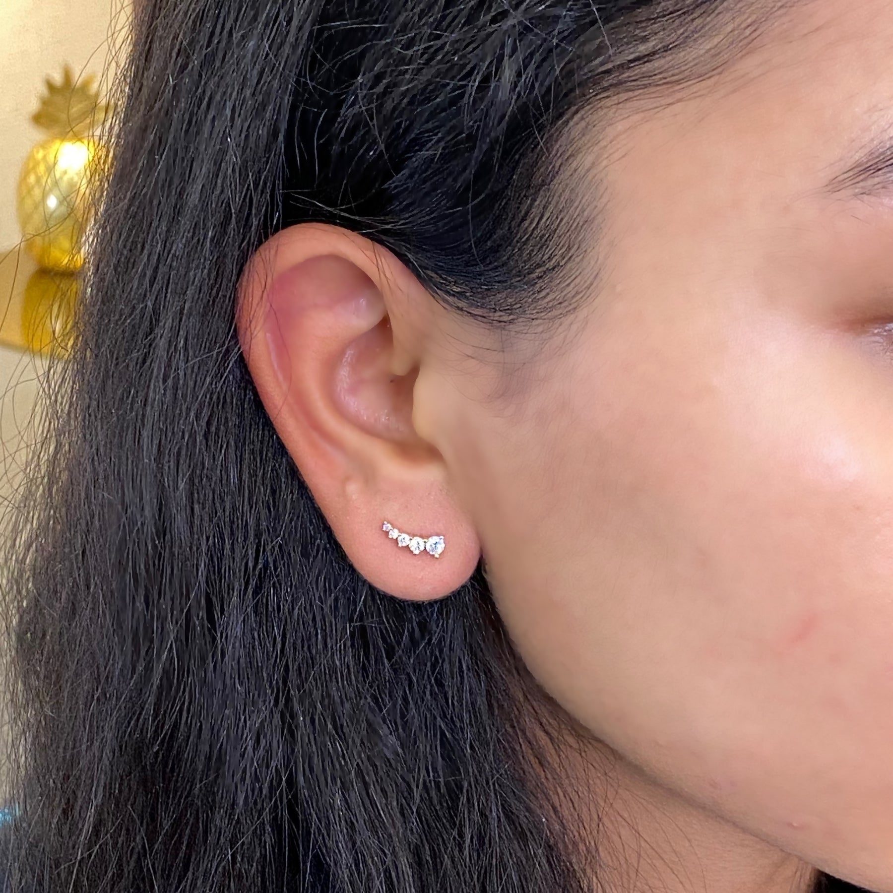 Stone Diamond Earrings Rose Gold Studs Curved Crawler Earrings