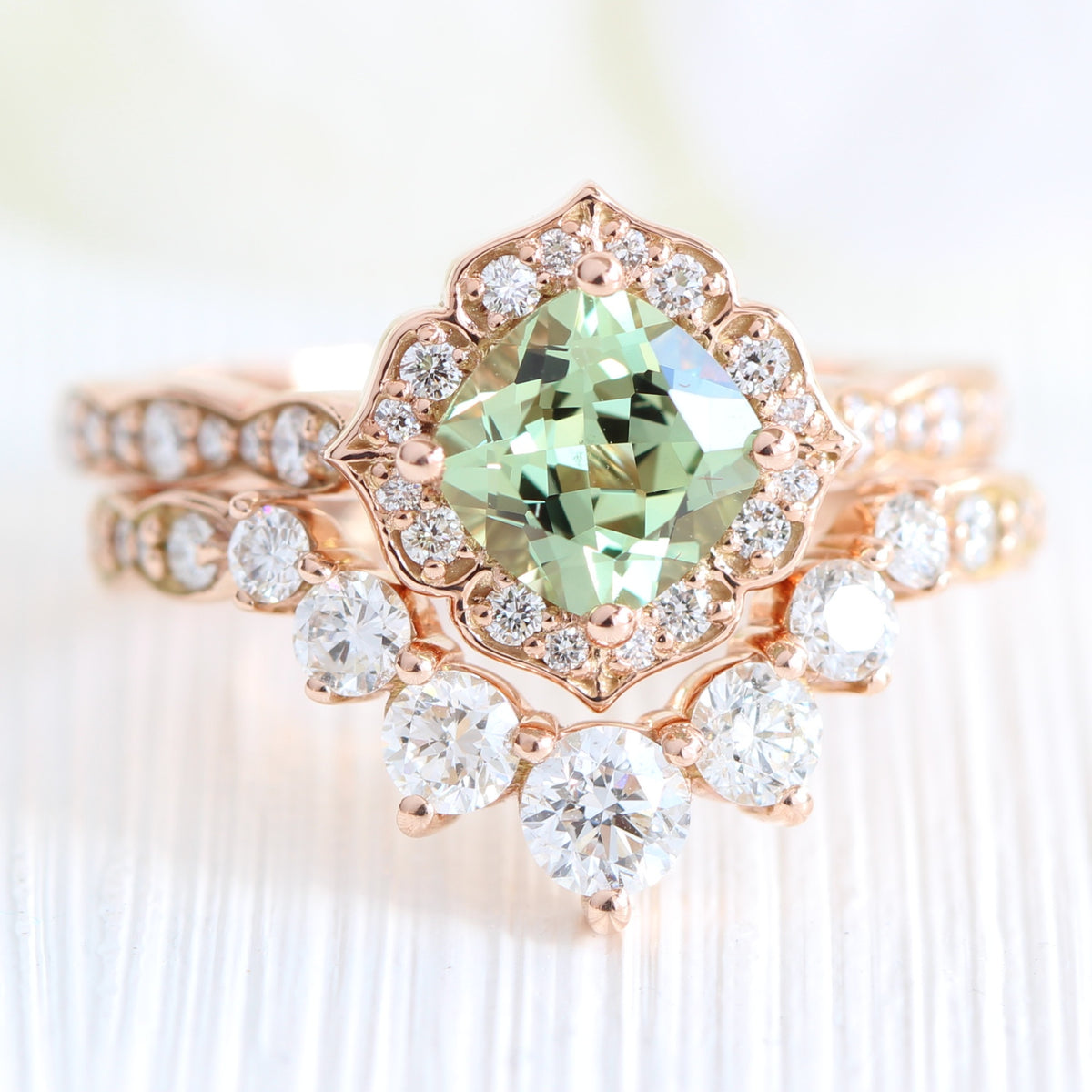 Cushion green sapphire ring rose gold deep curved diamond wedding band la more design jewelry