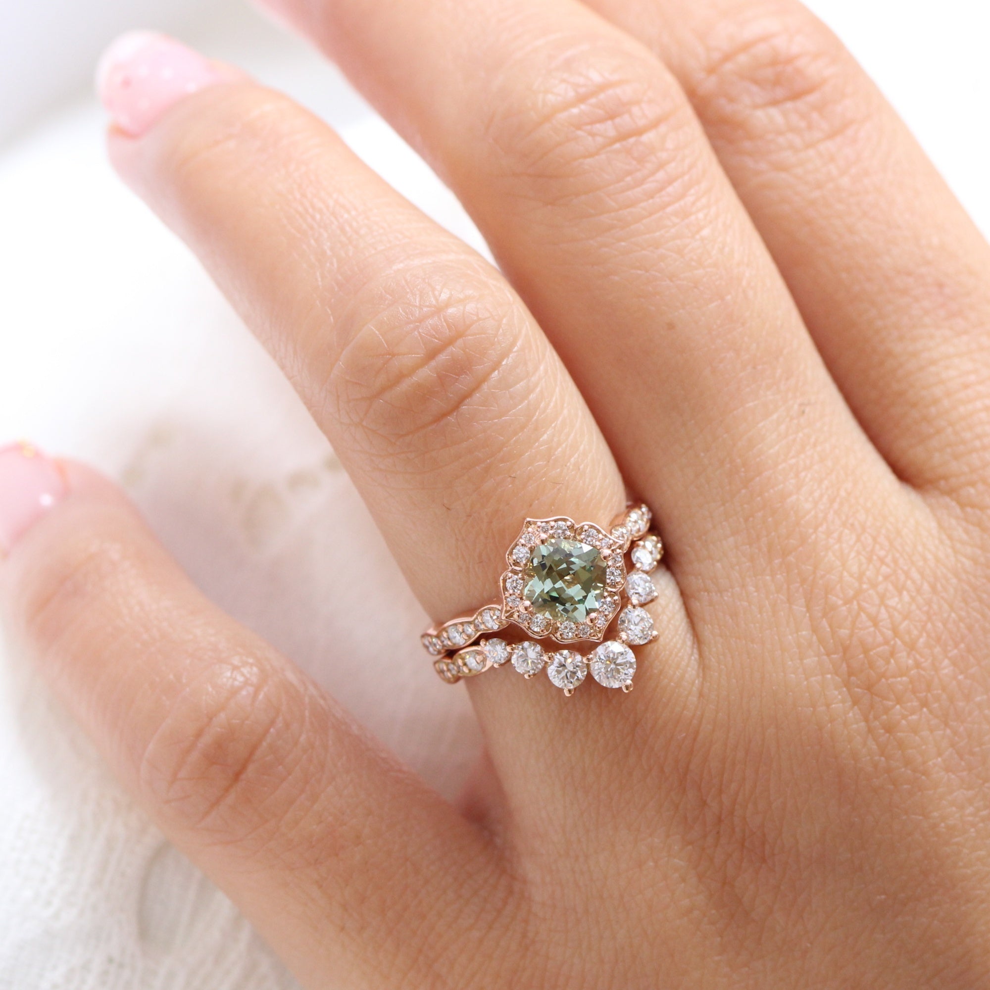 Cushion green sapphire ring rose gold deep curved diamond wedding band la more design jewelry