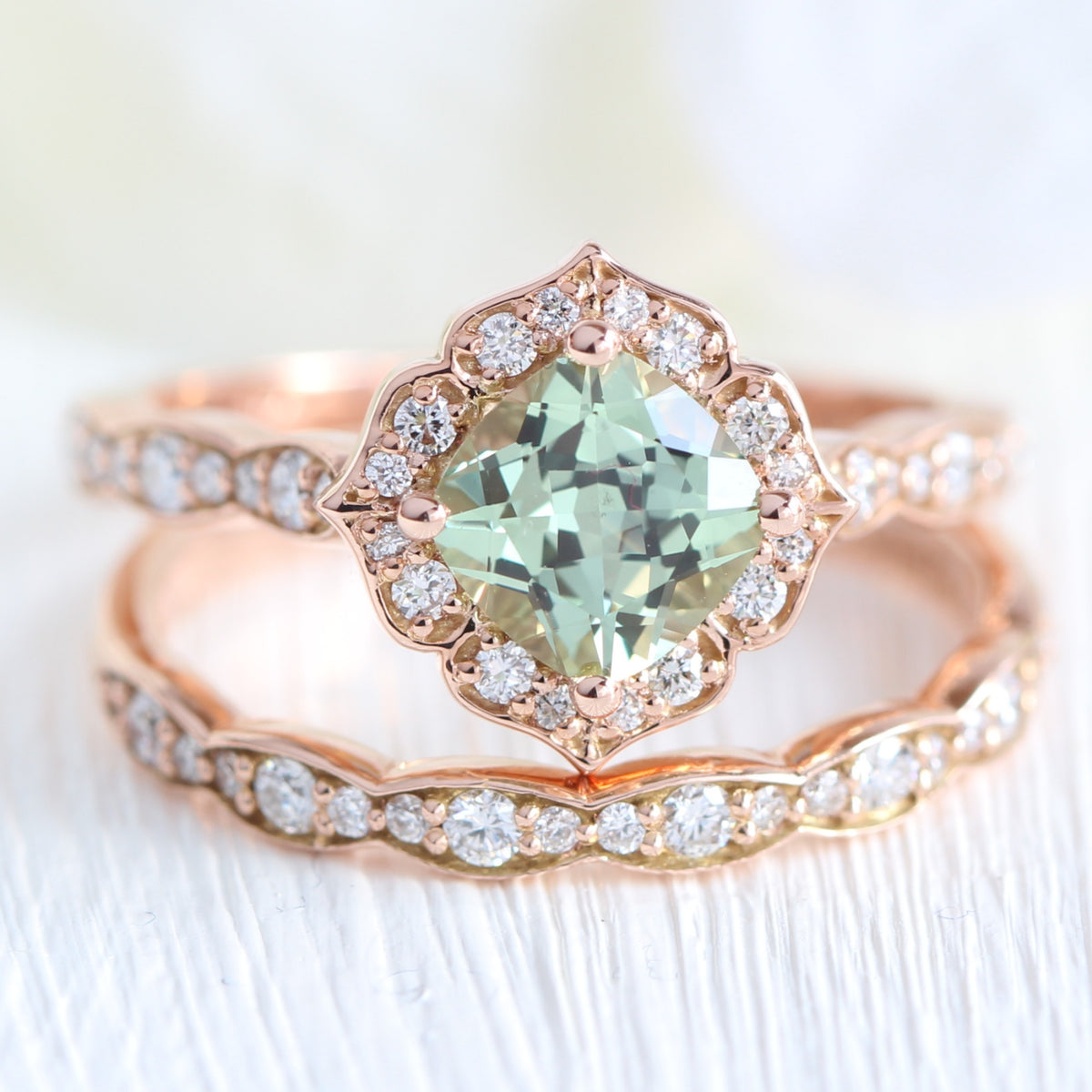 Cushion green sapphire ring rose gold matching diamond wedding band la more design jewelry