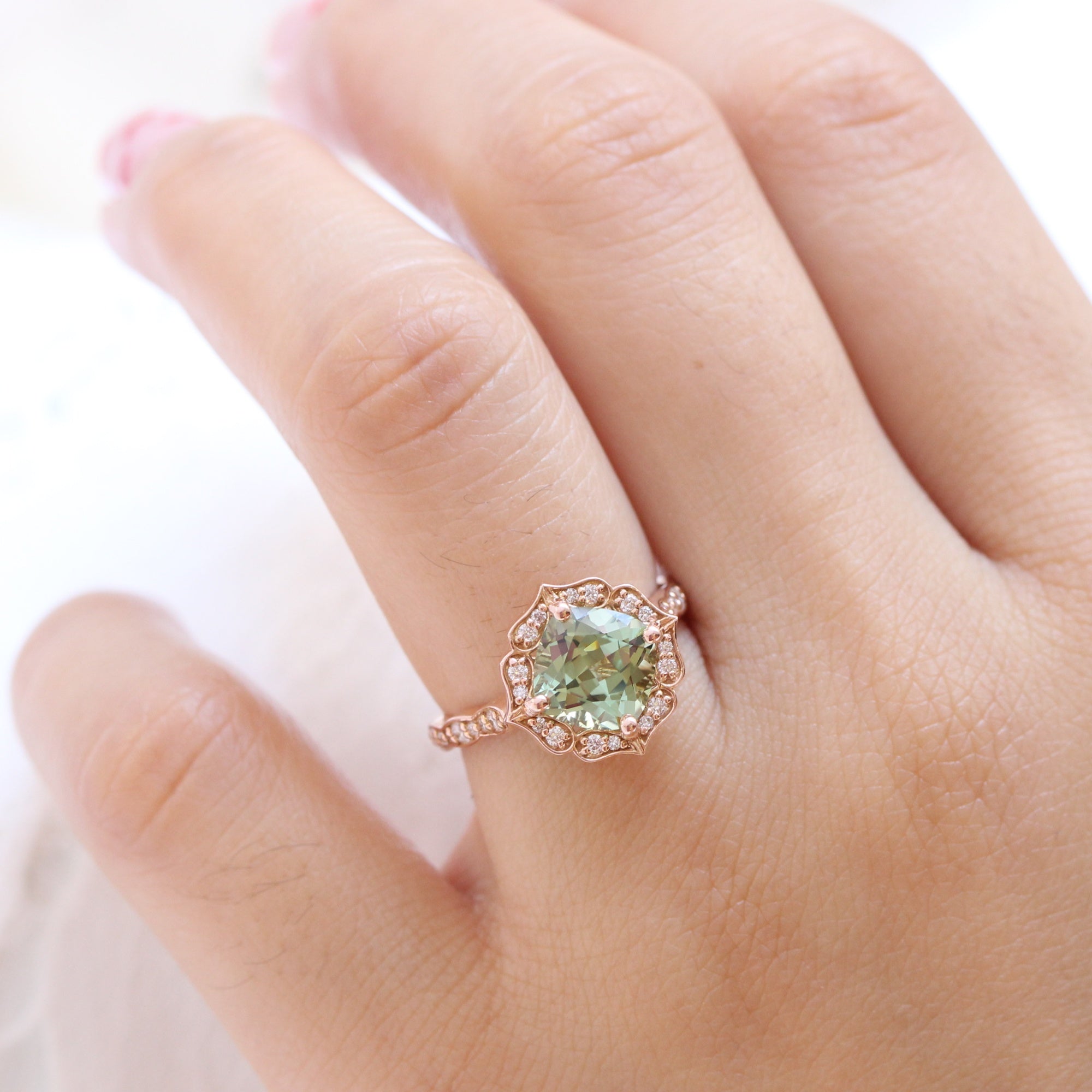 Large Cushion Green Sapphire Engagement Ring Gold Halo Diamond Ring