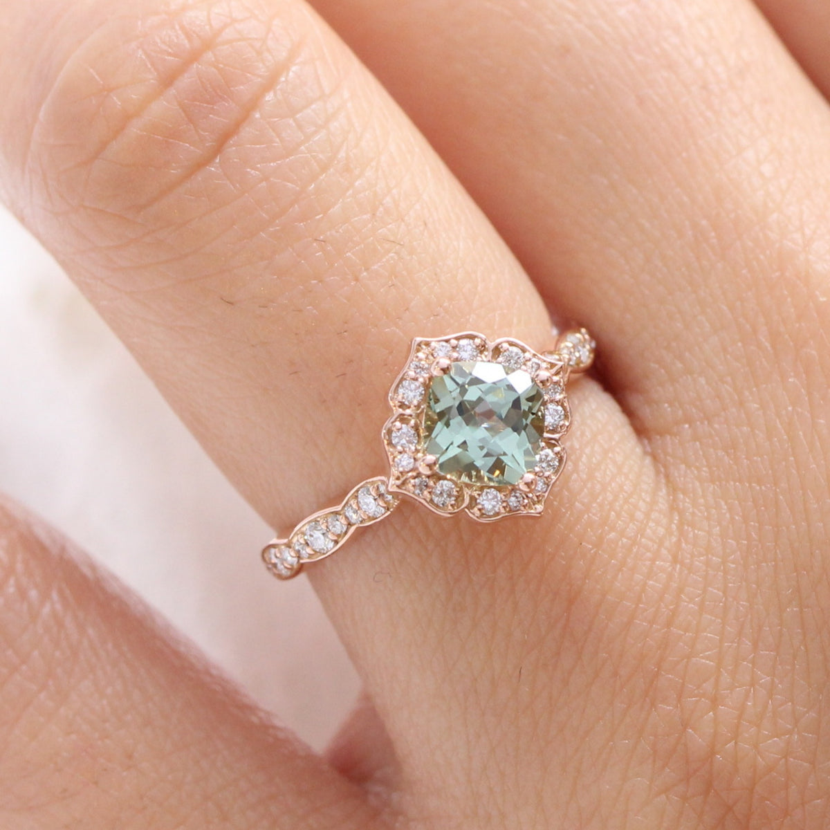 Cushion green sapphire ring rose gold vintage halo diamond ring la more design jewelry
