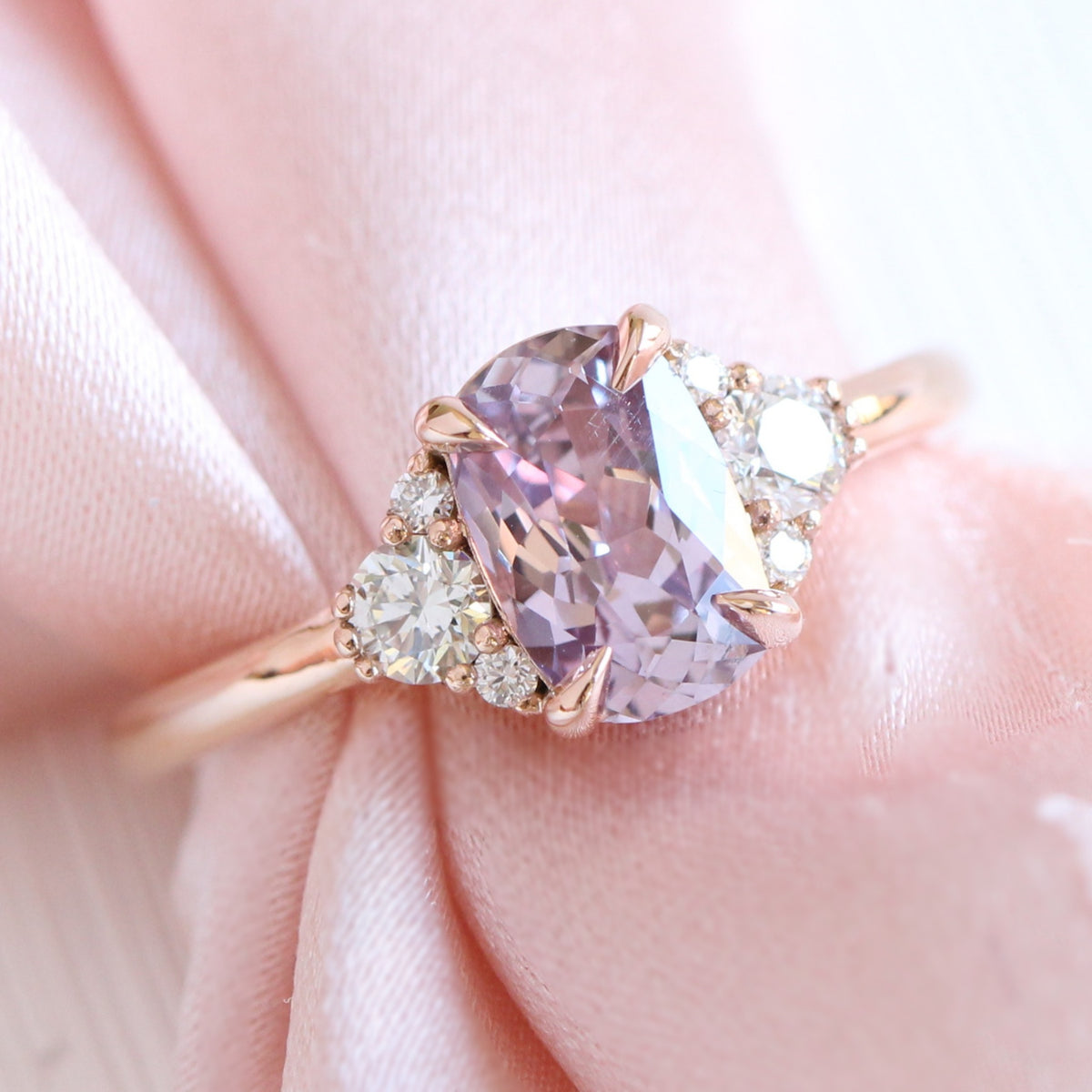 Cushion lavender purple sapphire diamond ring rose gold 3 stone ring la more design jewelry